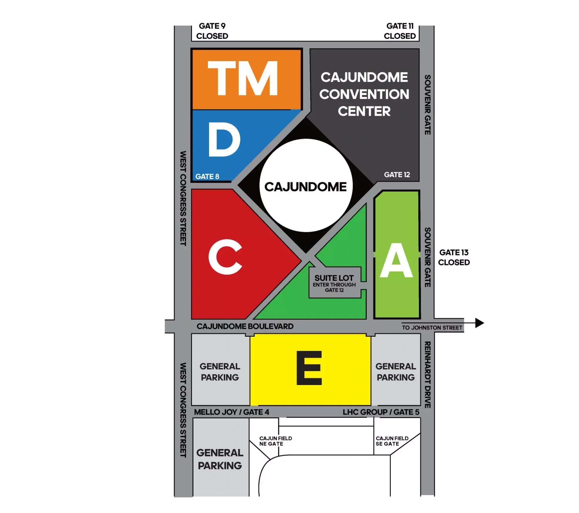 Cajundome: Venue layout, 2024–25 basketball parking reference · general, passholder and suite areas. Use the original map for routes and visitor facilities.