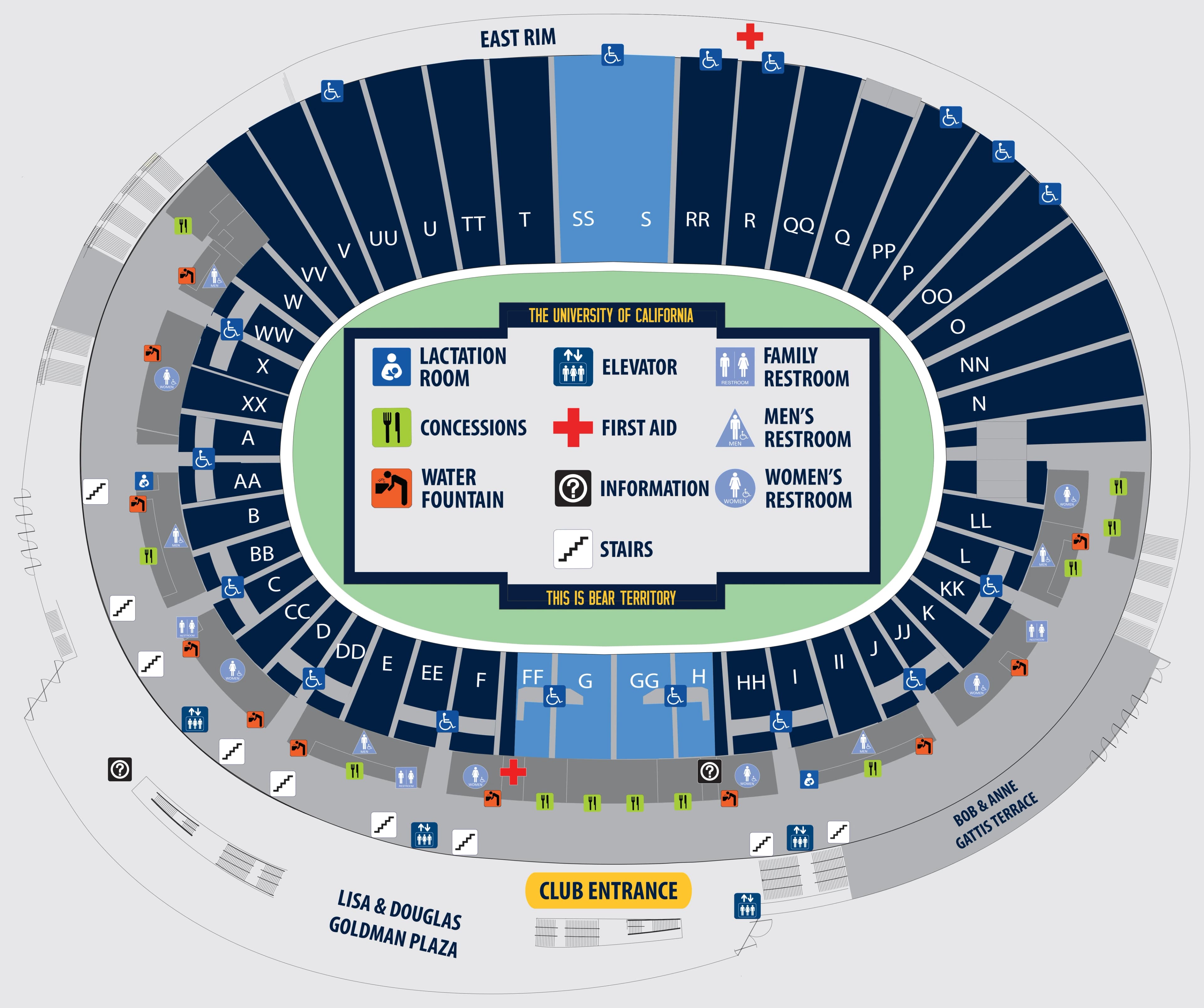 California Memorial Stadium: Seating chart, California Memorial Stadium — official-linked sections and concourse amenities. Use the source chart for section and row details.