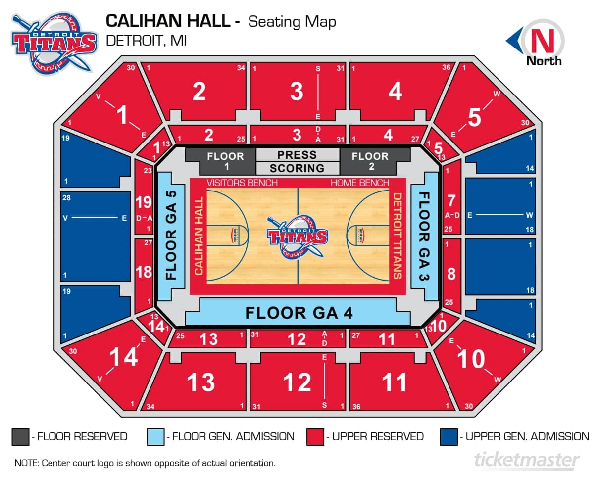 Calihan Hall: Seating chart, Archived reference · Calihan Hall sections, row ranges and floor areas. Use the source chart for section and row details.