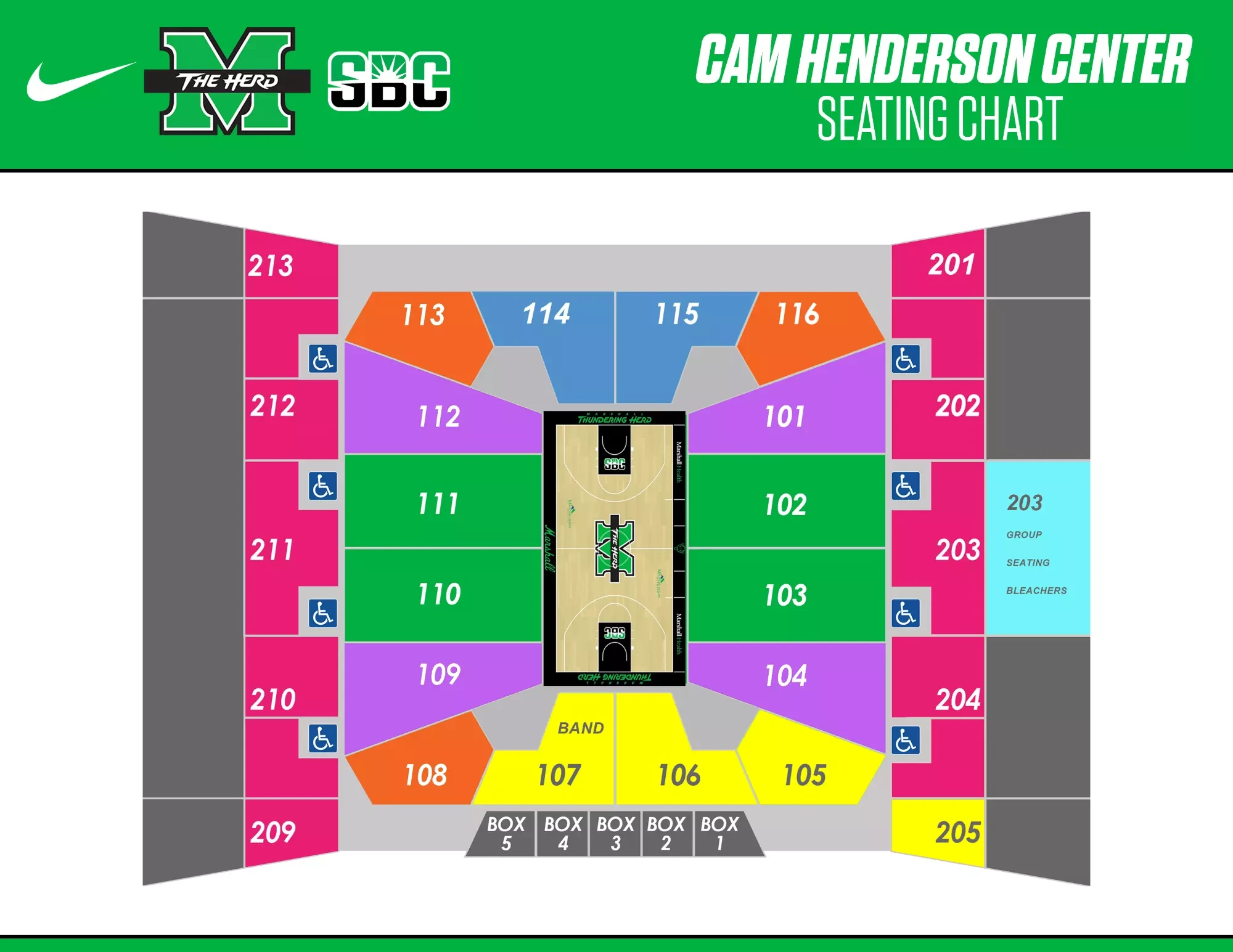Cam Henderson Center: Seating chart, Basketball. Use the source chart for section and row details.