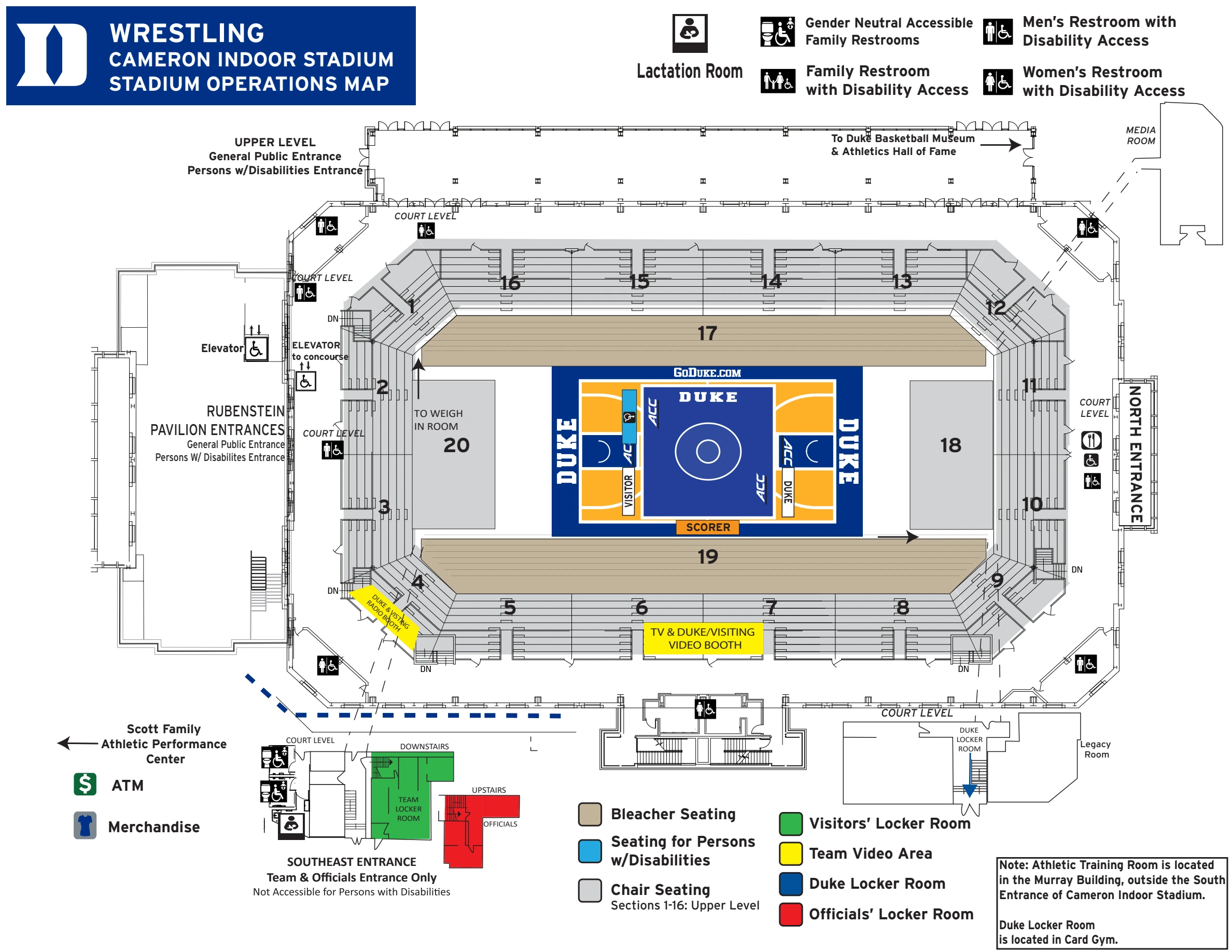 Cameron Indoor Stadium: Venue layout, Duke wrestling — seating and facility amenities · published 2024–25. Use the original map for routes and visitor facilities.