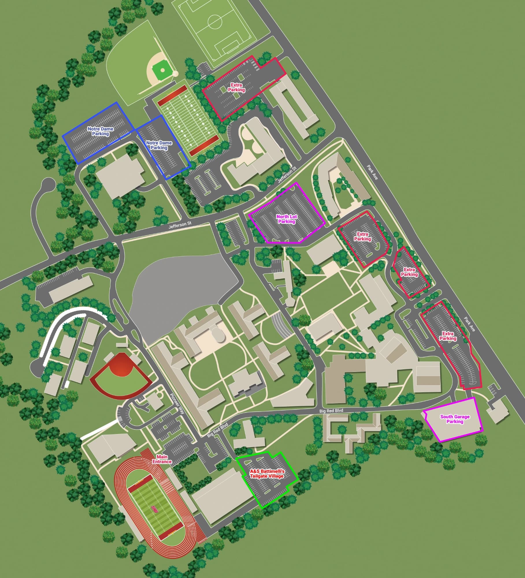 Sikorsky Credit Union Field: Venue layout, Sacred Heart — official current-linked football campus parking map. Use the original map for routes and visitor facilities.