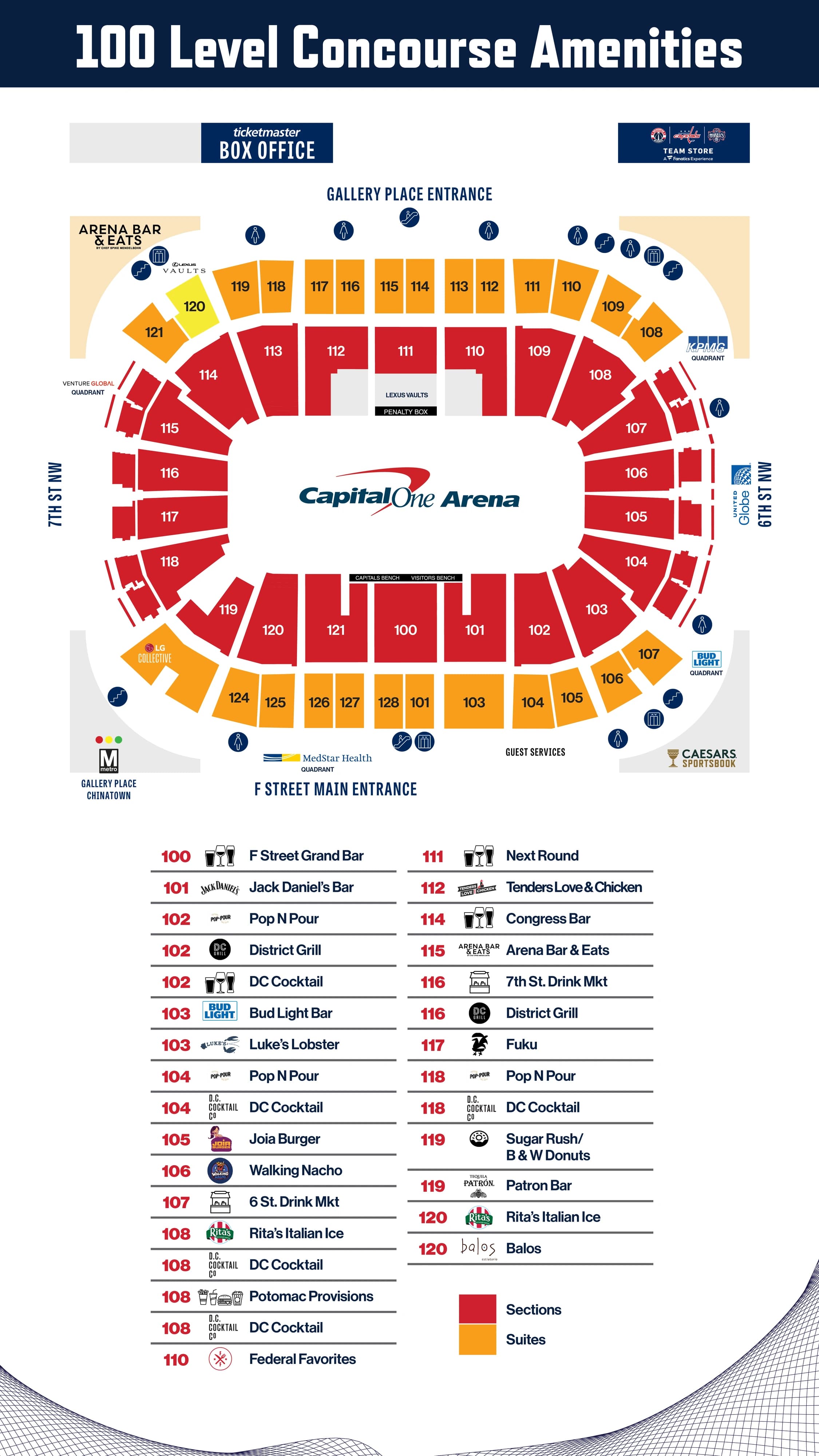 Capital One Arena: Venue layout, Capital One Arena — 100 Level Concourse Amenities. Use the original map for routes and visitor facilities.