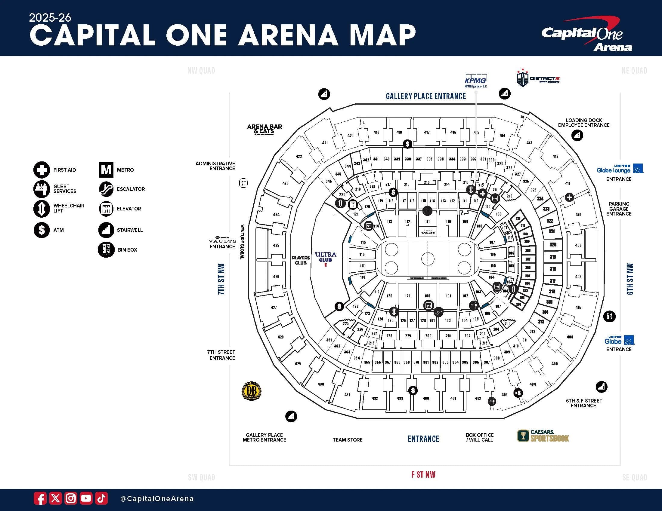 Capital One Arena: Seating chart, Hockey · Capitals · published 2025–26. Use the source chart for section and row details.