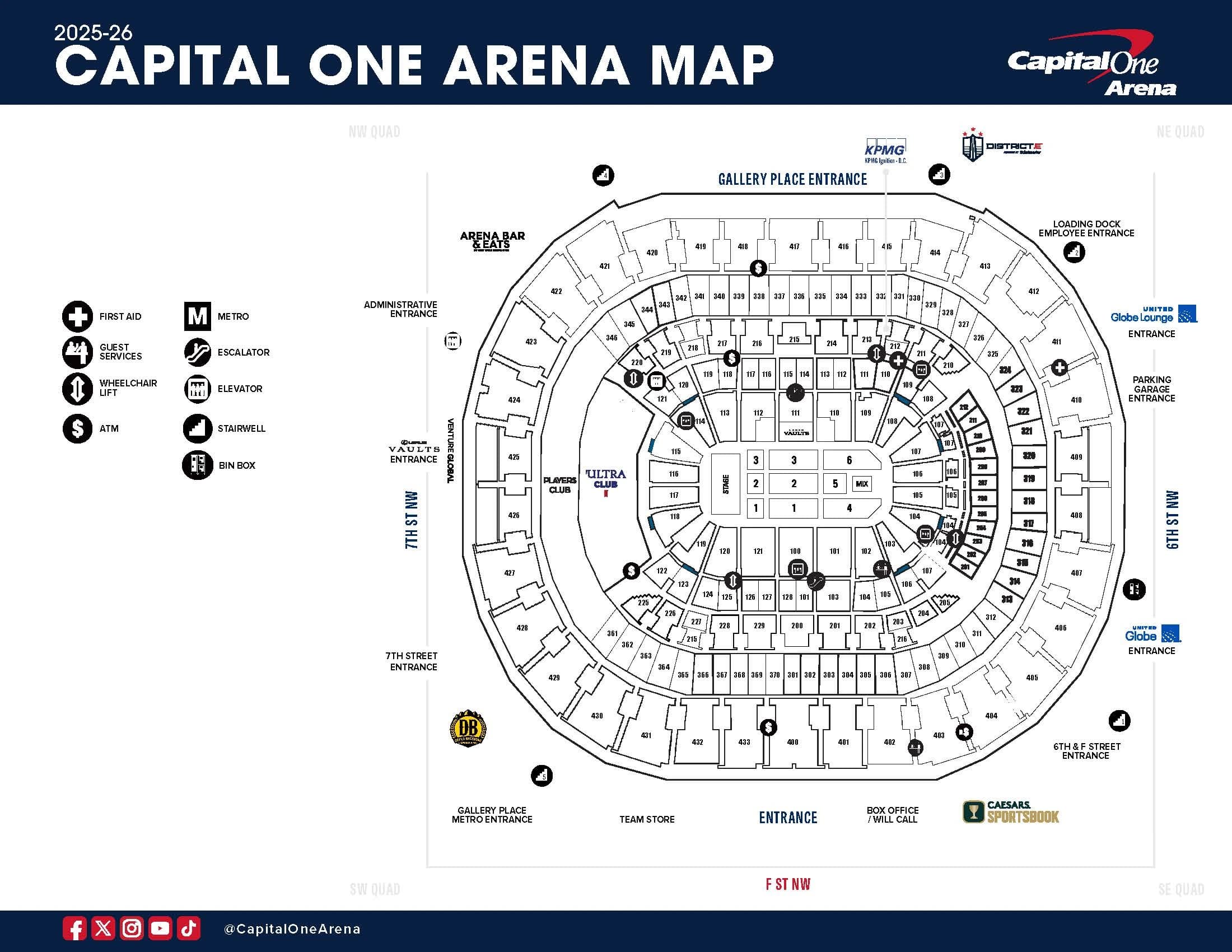 Capital One Arena: Seating chart, Concert · end stage · published 2025–26. Use the source chart for section and row details.