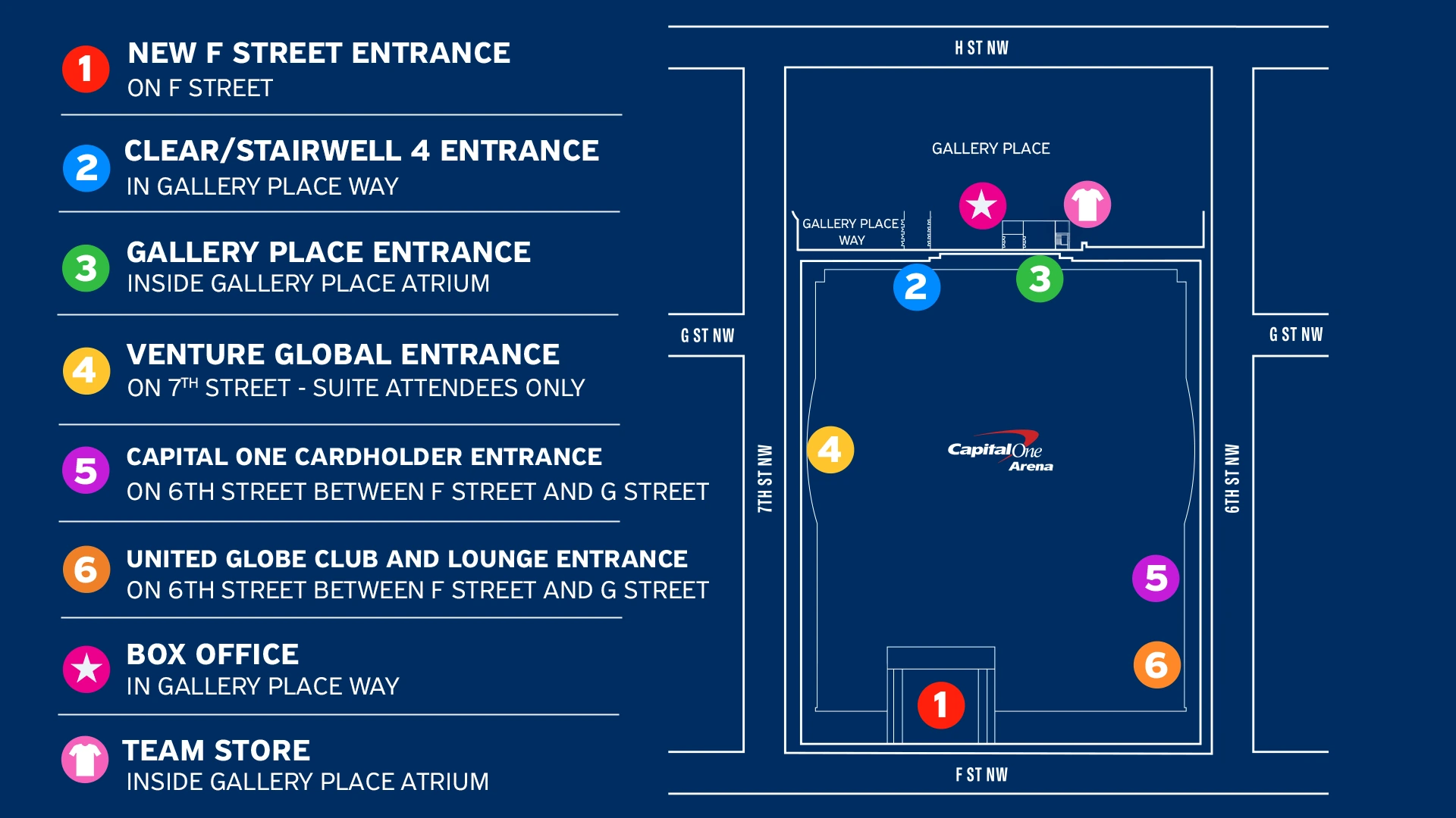 Capital One Arena: Venue layout, Capital One Arena — 2026–27 arrival and entrance map. Use the original map for routes and visitor facilities.