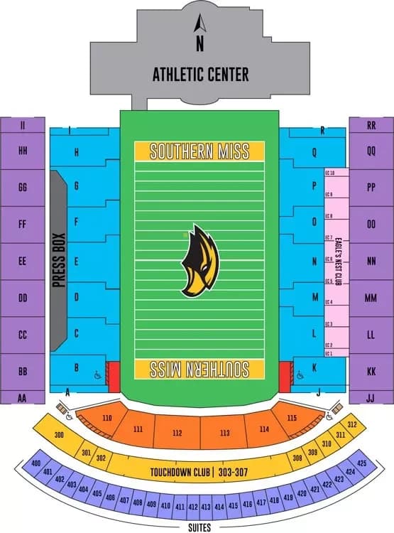 Carlisle-Faulkner Field at Renasant Stadium: Seating chart, Football sections and premium areas — owner-linked chart. Use the source chart for section and row details.