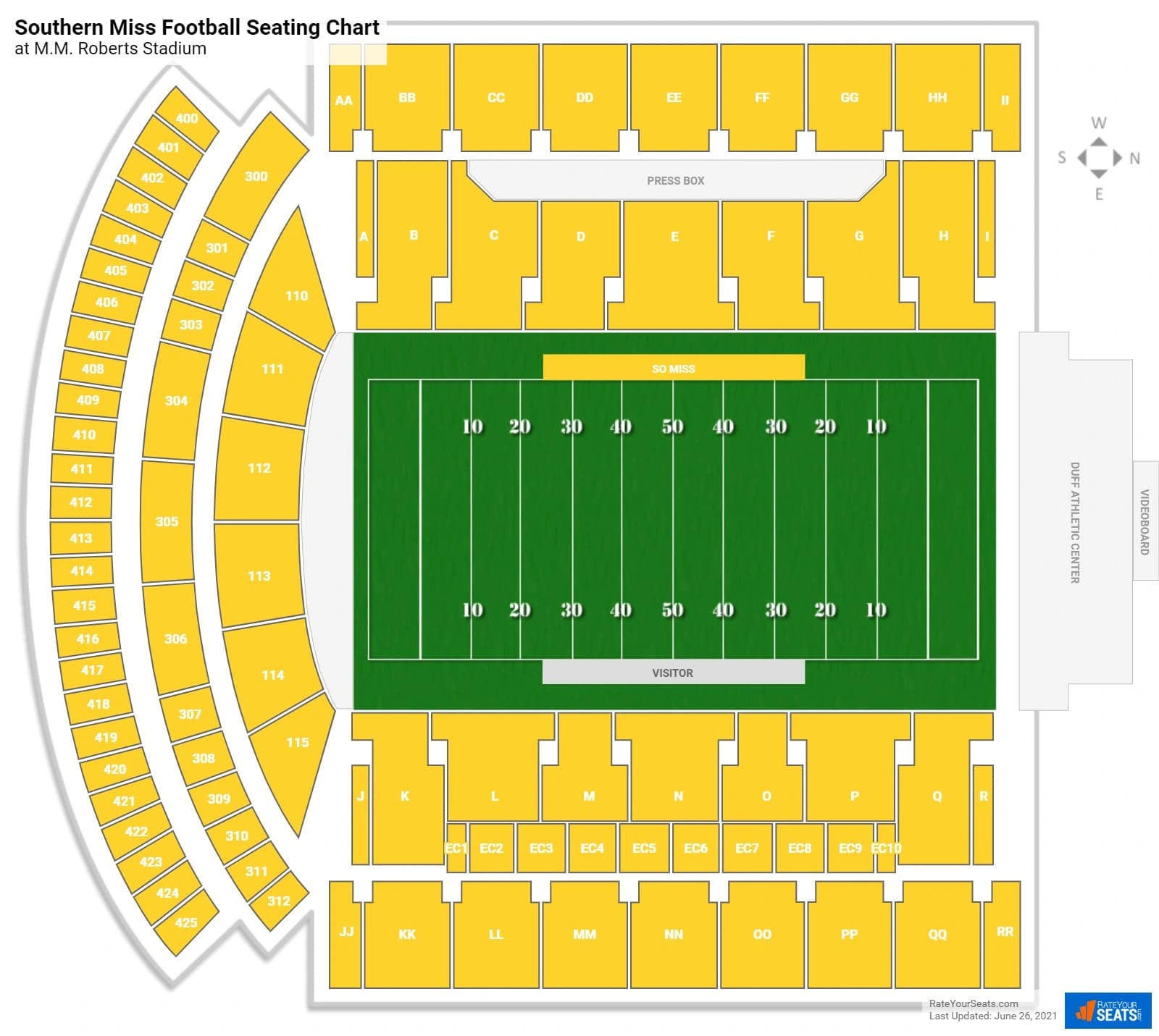 Carlisle-Faulkner Field at Renasant Stadium: Seating chart, M.M. Roberts Stadium — RateYourSeats section chart dated June 26, 2021. Use the source chart for section and row details.