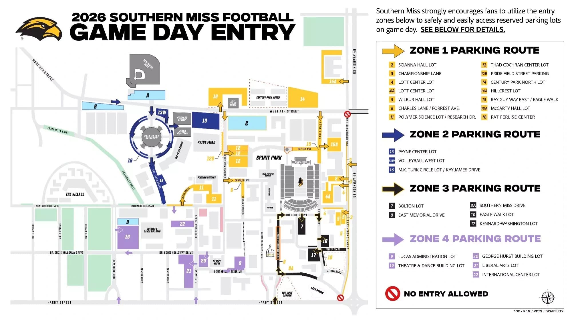 Carlisle-Faulkner Field at Renasant Stadium: Venue layout, Football parking entry zones — 2026 owner game-day plan. Use the original map for routes and visitor facilities.