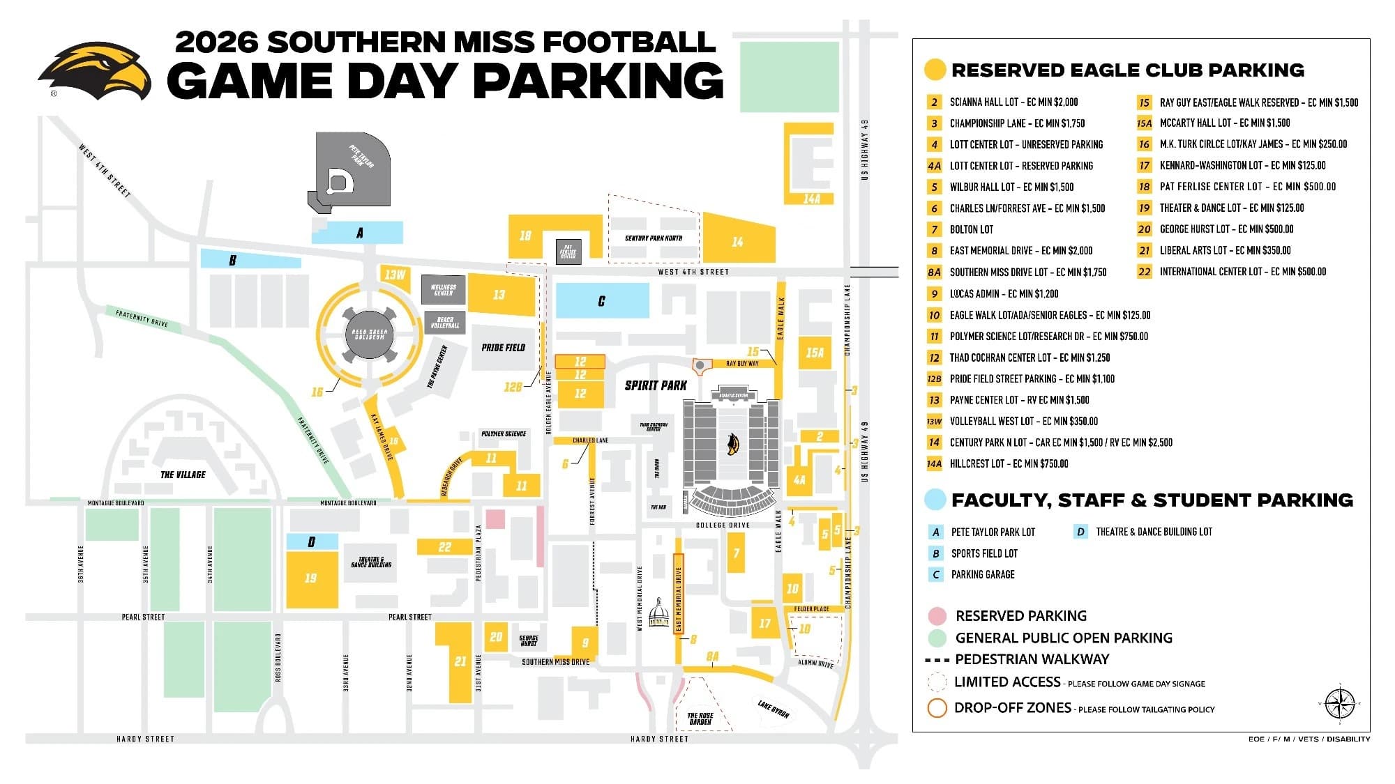 Carlisle-Faulkner Field at Renasant Stadium: Venue layout, Southern Miss — official 2026 football parking plan. Use the original map for routes and visitor facilities.