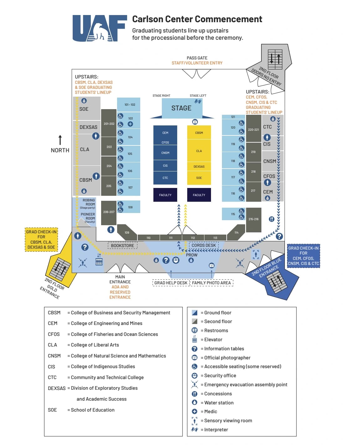 Carlson Center: Seating chart, May 2, 2026 UAF commencement · Carlson Center sections and public access. Use the source chart for section and row details.