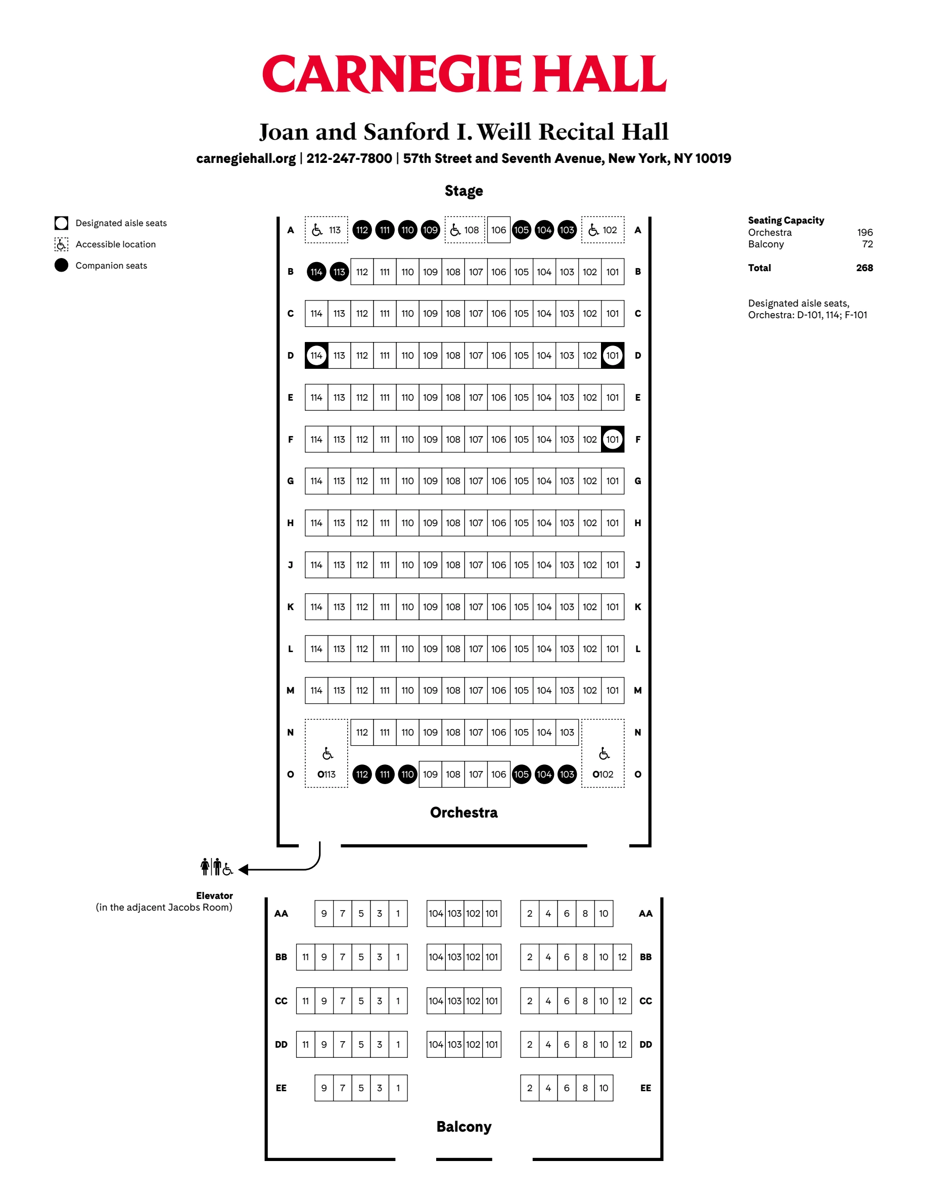 Carnegie Hall: Seating chart, Carnegie Hall — Weill Recital Hall Orchestra and Balcony. Use the source chart for section and row details.