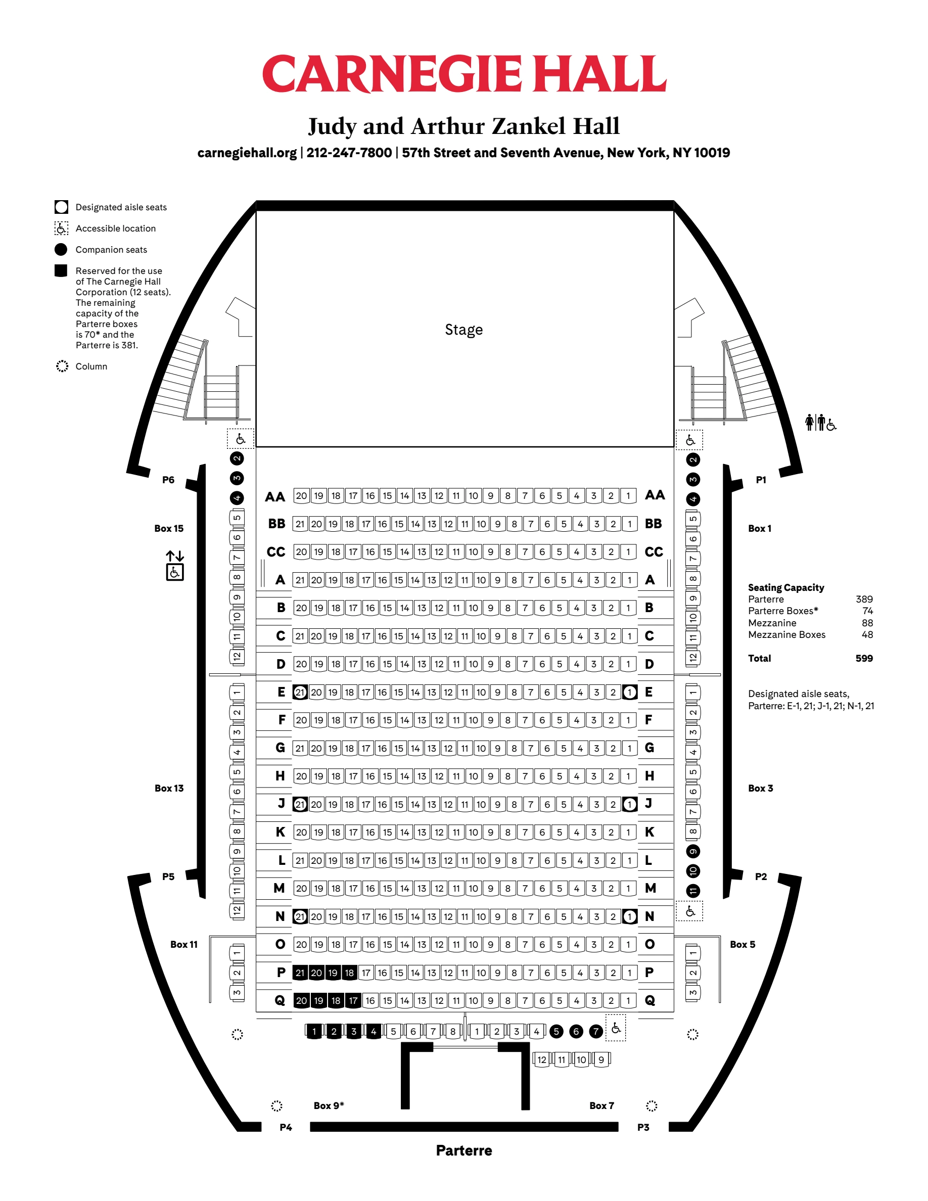 Carnegie Hall: Seating chart, Carnegie Hall — Zankel Hall Parterre, 25-foot end stage. Use the source chart for section and row details.