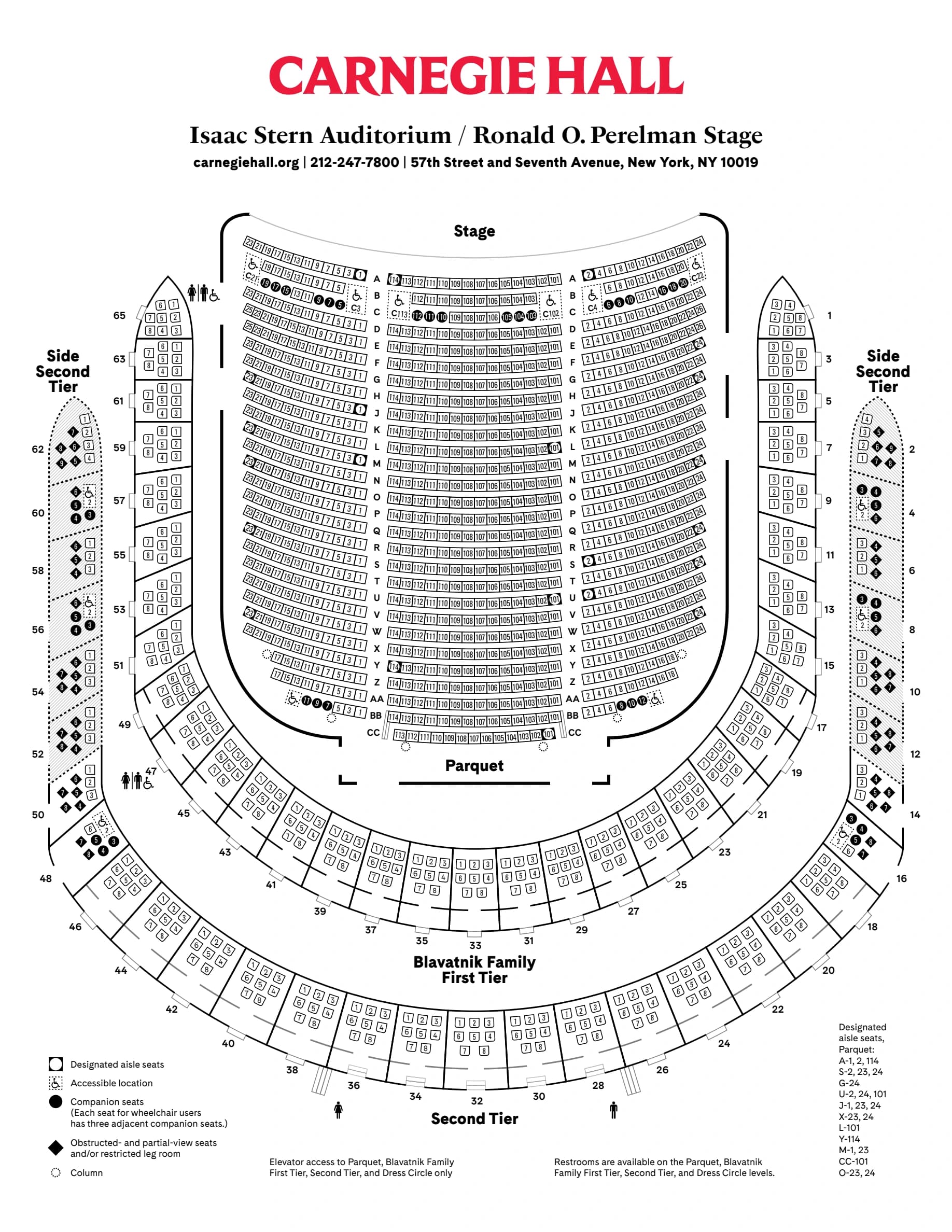 Carnegie Hall: Seating chart, Carnegie Hall — Stern Auditorium: Parquet, First Tier and Second Tier. Use the source chart for section and row details.