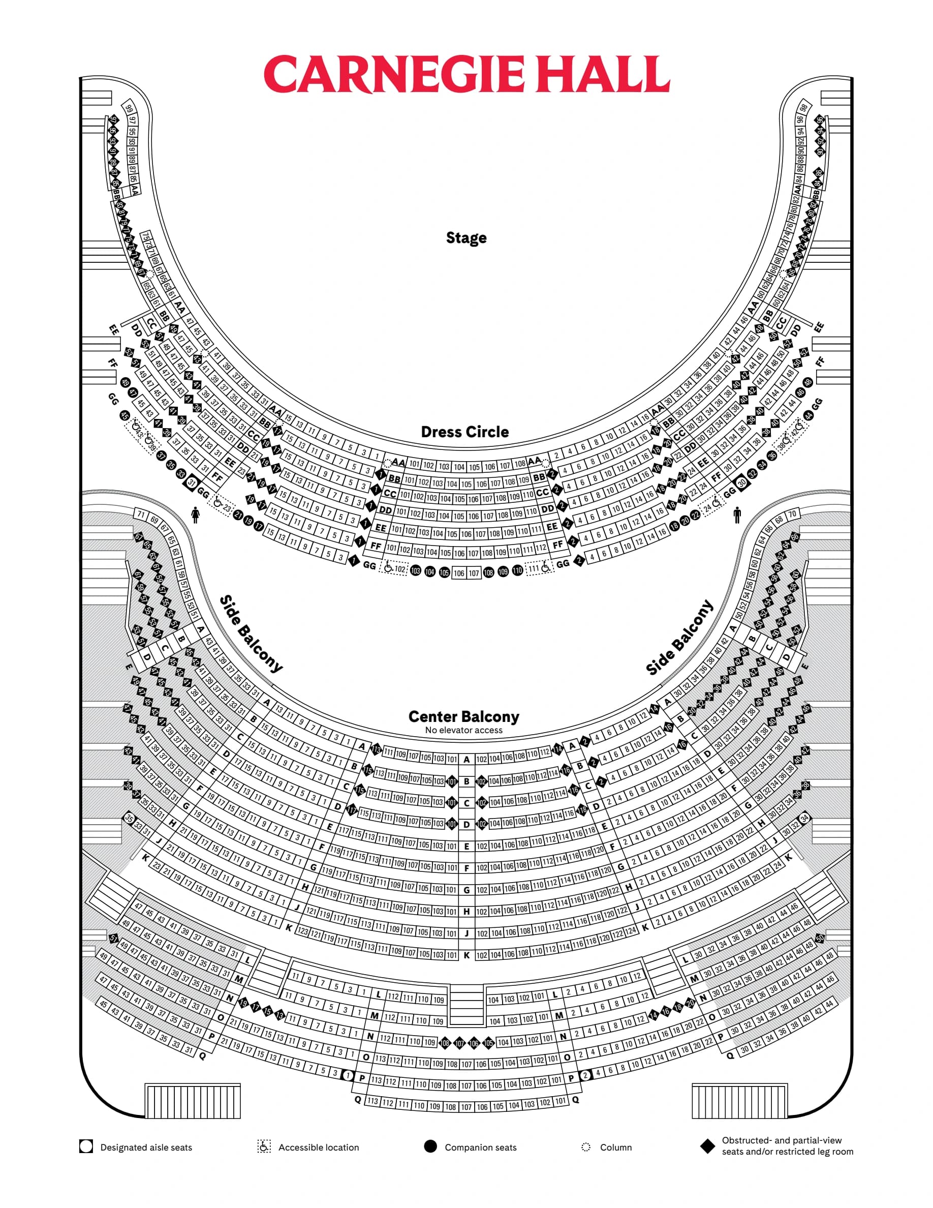 Carnegie Hall: Seating chart, Carnegie Hall — Stern Auditorium: Dress Circle and Balcony. Use the source chart for section and row details.