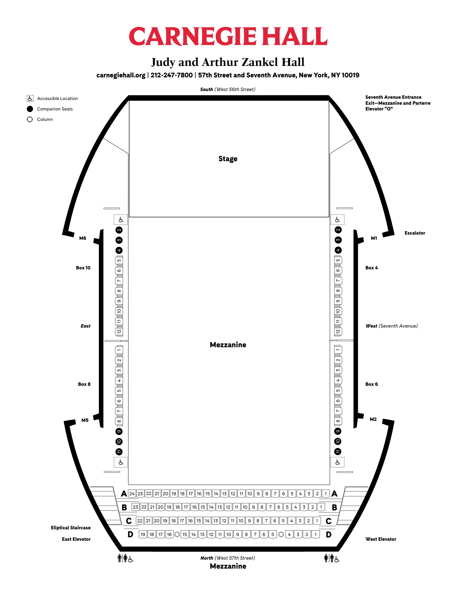 Carnegie Hall: Seating chart, Carnegie Hall — Zankel Hall Mezzanine. Use the source chart for section and row details.