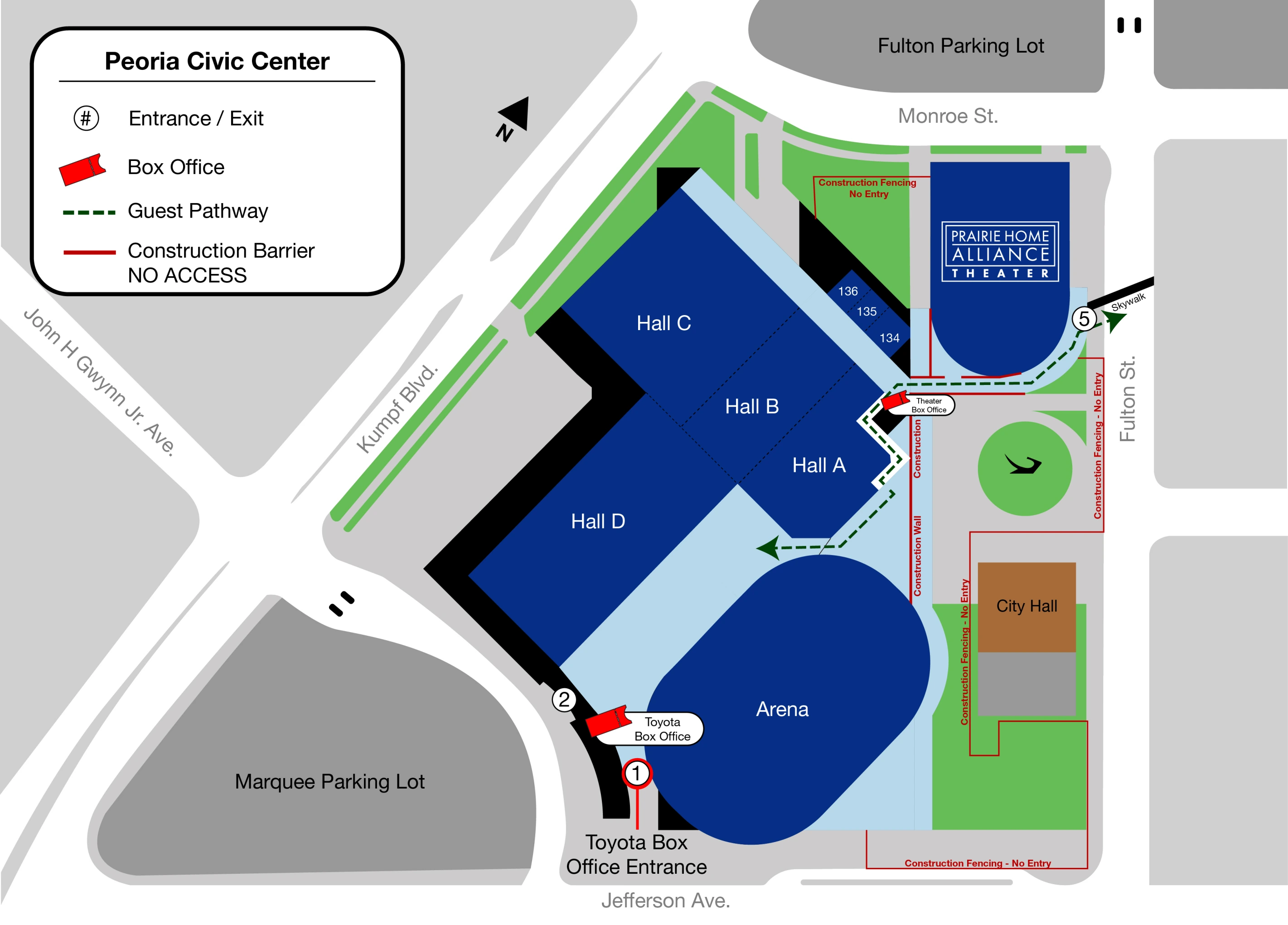 Carver Arena: Venue layout, Construction entrances; September 2026. Use the original map for routes and visitor facilities.