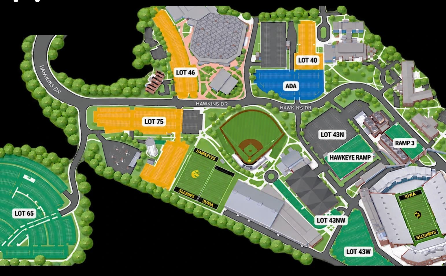 Carver-Hawkeye Arena: Venue layout, Carver-Hawkeye Arena — current men’s basketball parking orientation. Use the original map for routes and visitor facilities.