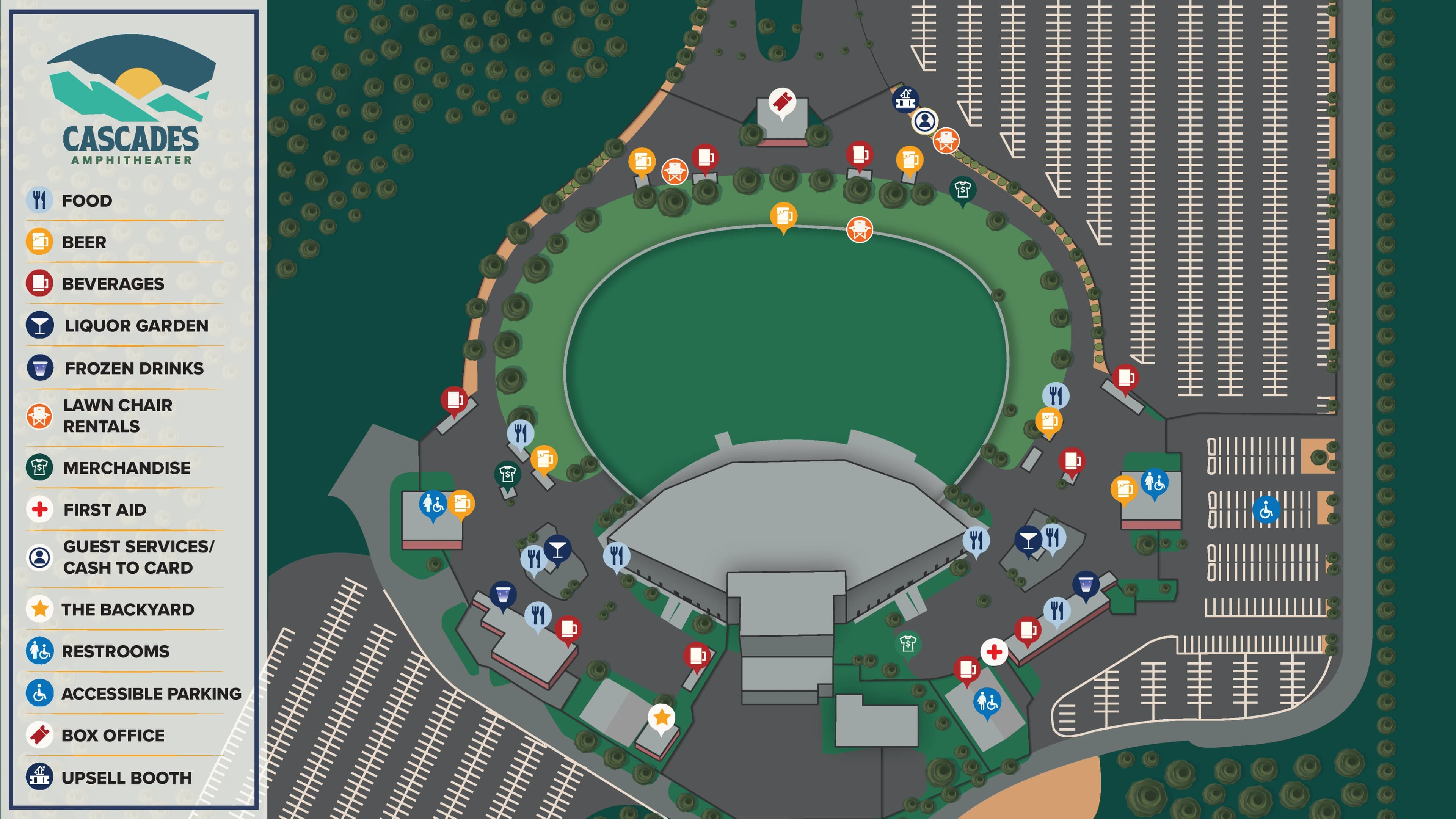 Cascades Amphitheater: Venue layout, Cascades Amphitheater — entrances and guest amenities. Use the original map for routes and visitor facilities.