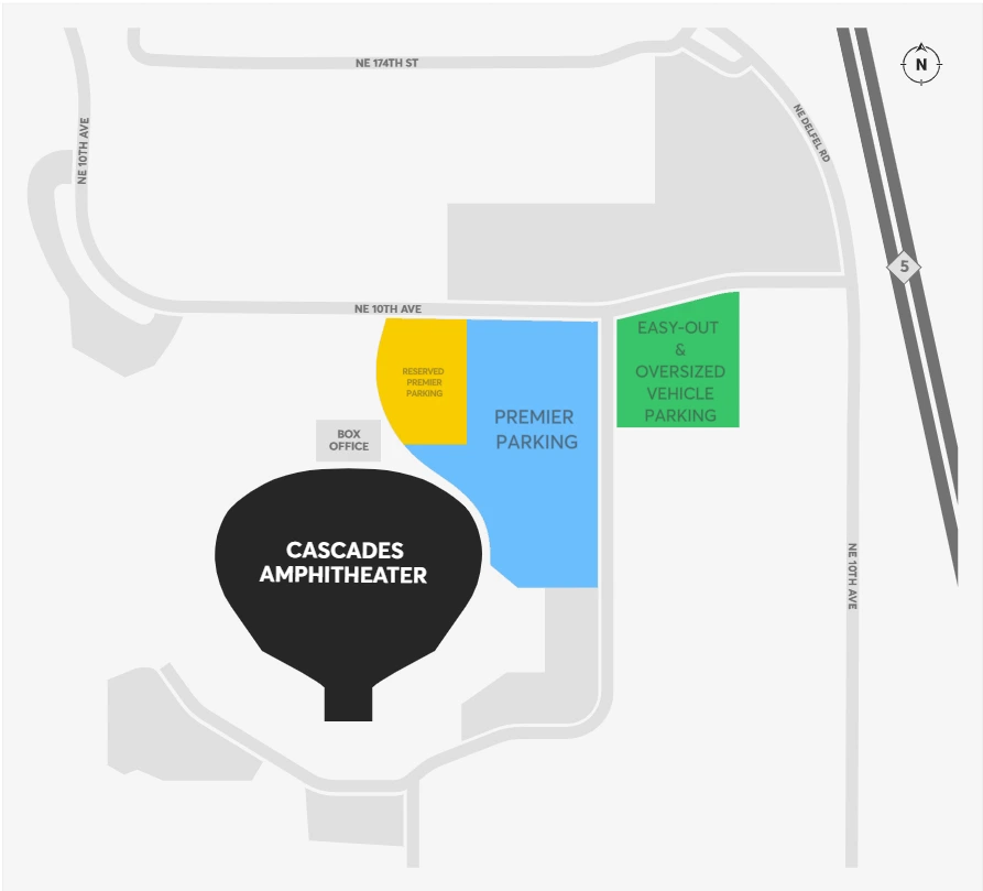 Cascades Amphitheater: Venue layout, Cascades Amphitheater — premium parking overview. Use the original map for routes and visitor facilities.
