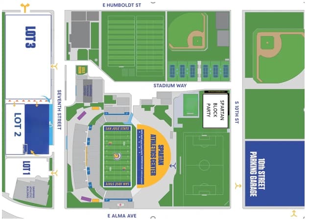 CEFCU Stadium: Venue layout, San José State — official September 2026 football parking plan. Use the original map for routes and visitor facilities.