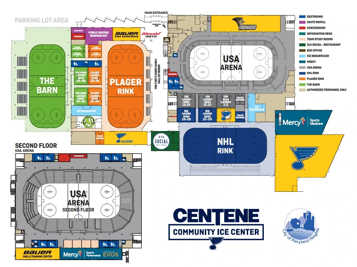 Centene Community Ice Center: Venue layout, Facility · Centene Community Ice Center ground and second floors, rinks and amenities. Use the original map for routes and visitor facilities.