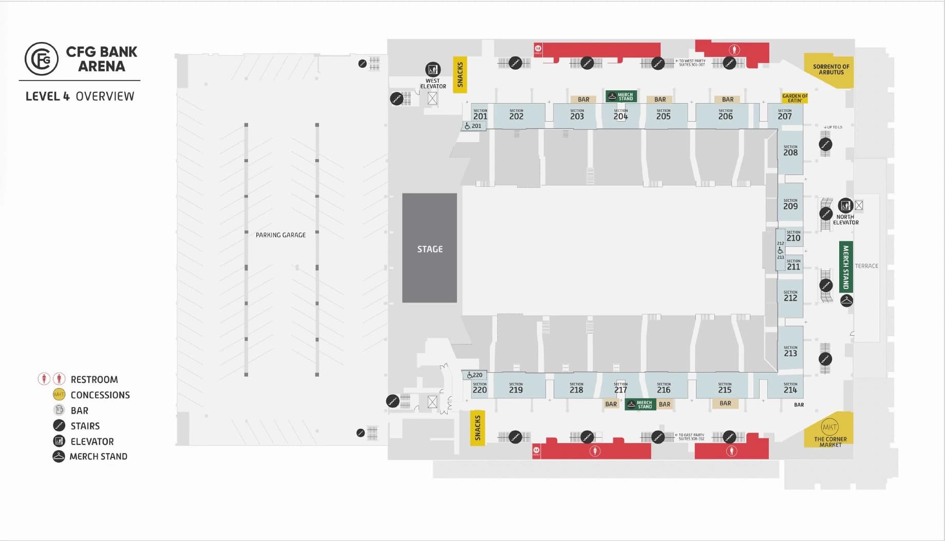 CFG Bank Arena: Seating chart, CFG Bank Arena — July 2026 upper sections and concourse. Use the source chart for section and row details.