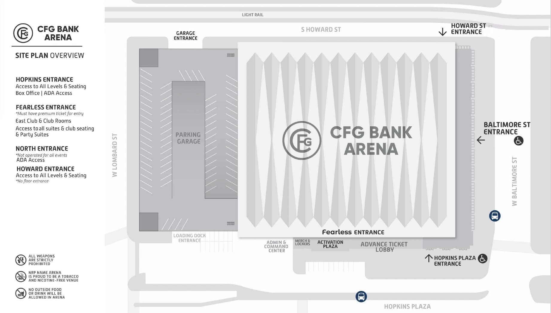 CFG Bank Arena: Venue layout, CFG Bank Arena — July 2026 entrances and exterior orientation. Use the original map for routes and visitor facilities.