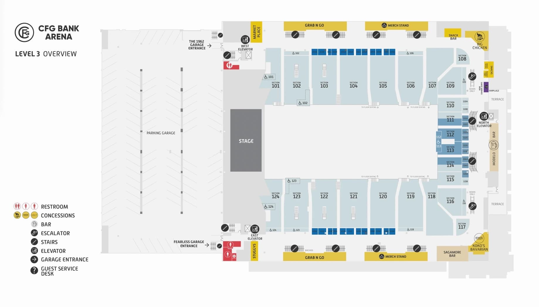 CFG Bank Arena: Seating chart, CFG Bank Arena — July 2026 lower sections and concourse. Use the source chart for section and row details.