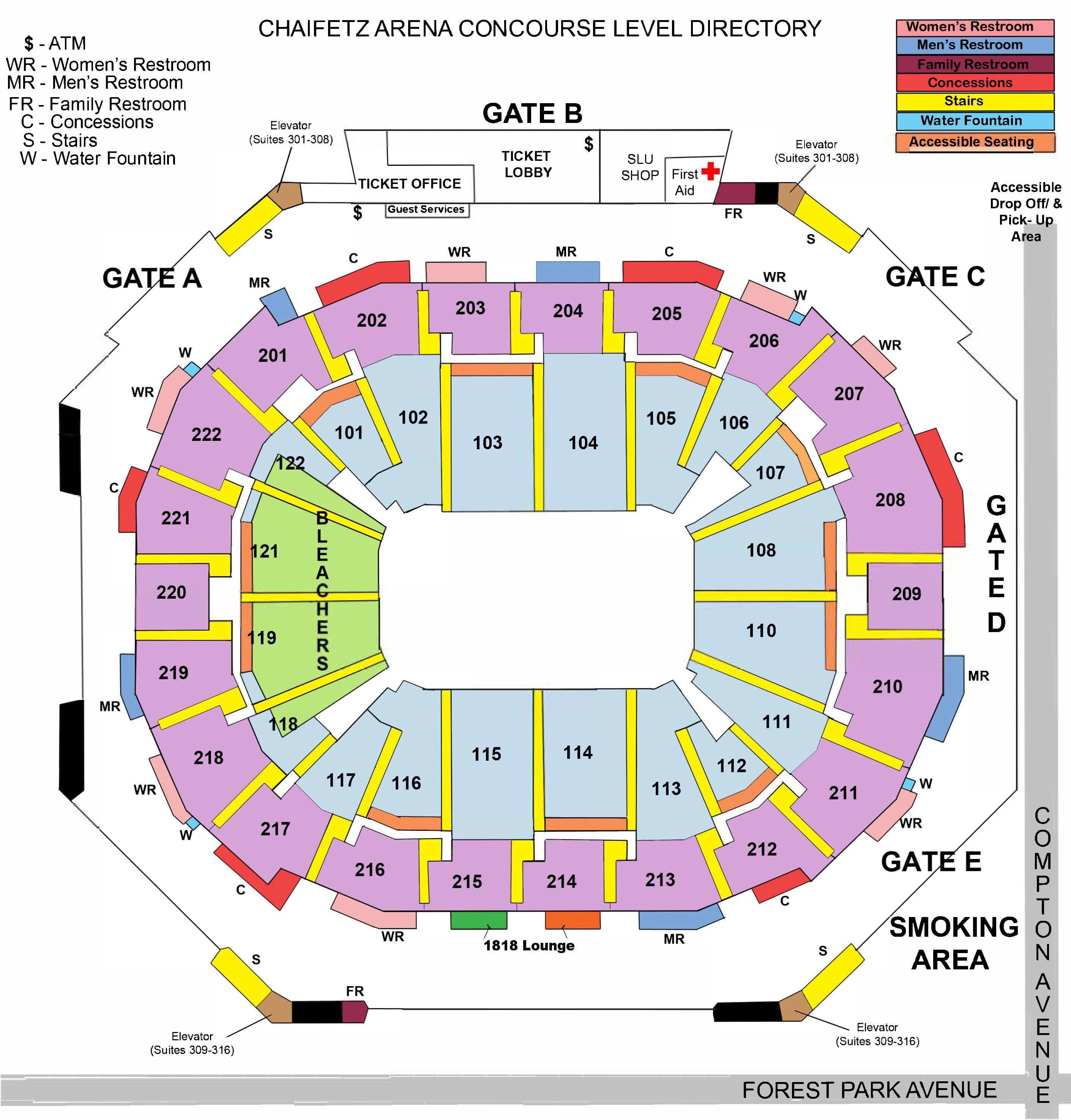 Chaifetz Arena: Venue layout, Chaifetz Arena — concourse directory. Use the original map for routes and visitor facilities.