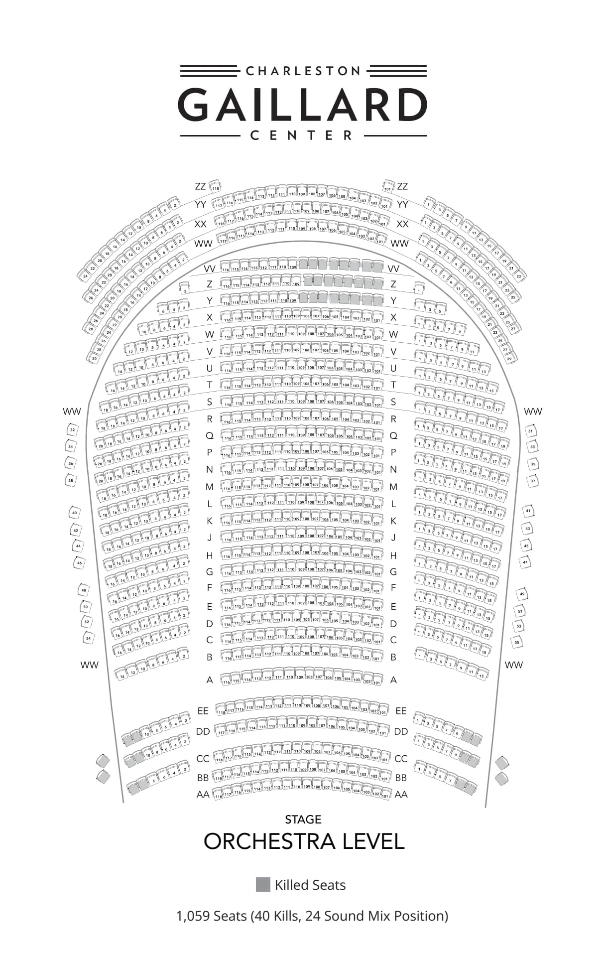 Charleston Gaillard Center: Seating chart, Charleston Gaillard Center — Orchestra Level. Use the source chart for section and row details.