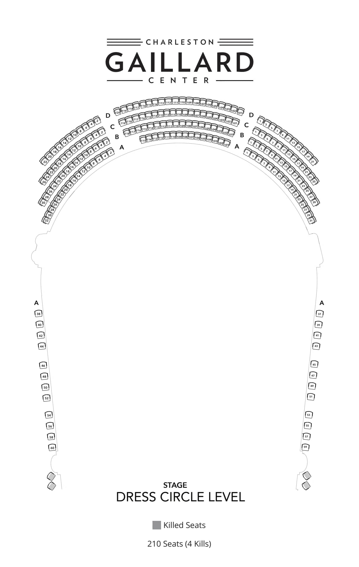 Charleston Gaillard Center: Seating chart, Charleston Gaillard Center — Dress Circle Level. Use the source chart for section and row details.