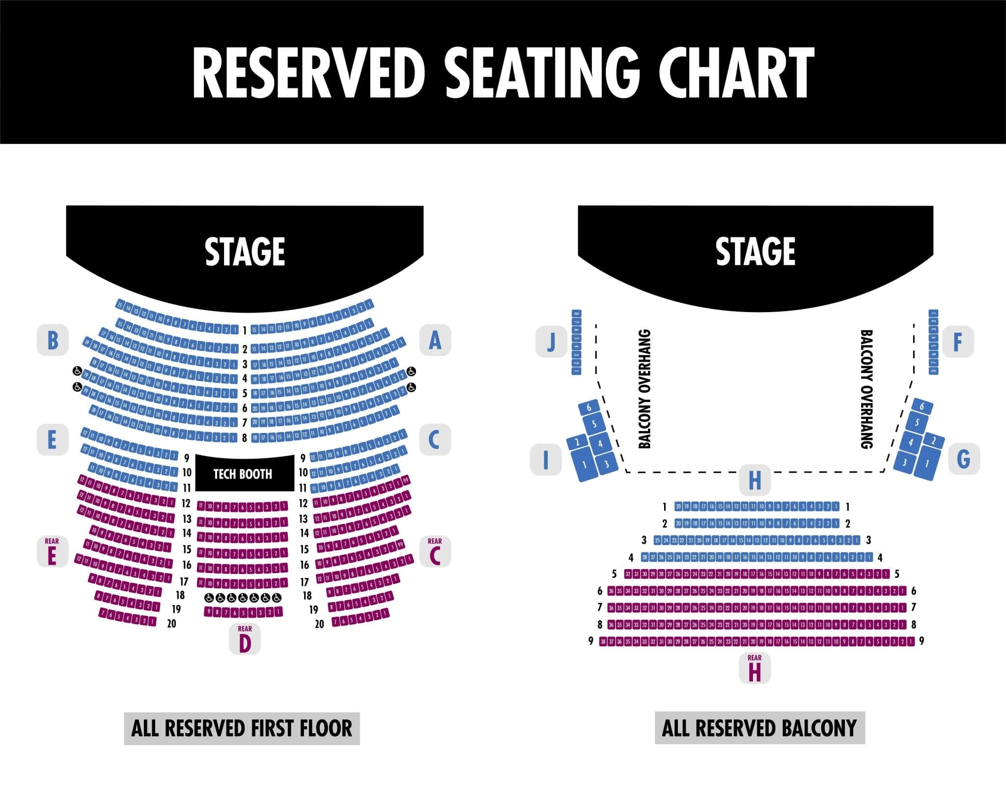 Charleston Music Hall: Seating chart, Configuration reference · Charleston Music Hall fully reserved orchestra and balcony. Use the source chart for section and row details.