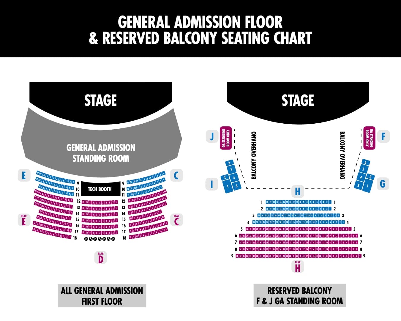 Charleston Music Hall: Seating chart, Configuration reference · Charleston Music Hall standing floor and reserved balcony. Use the source chart for section and row details.