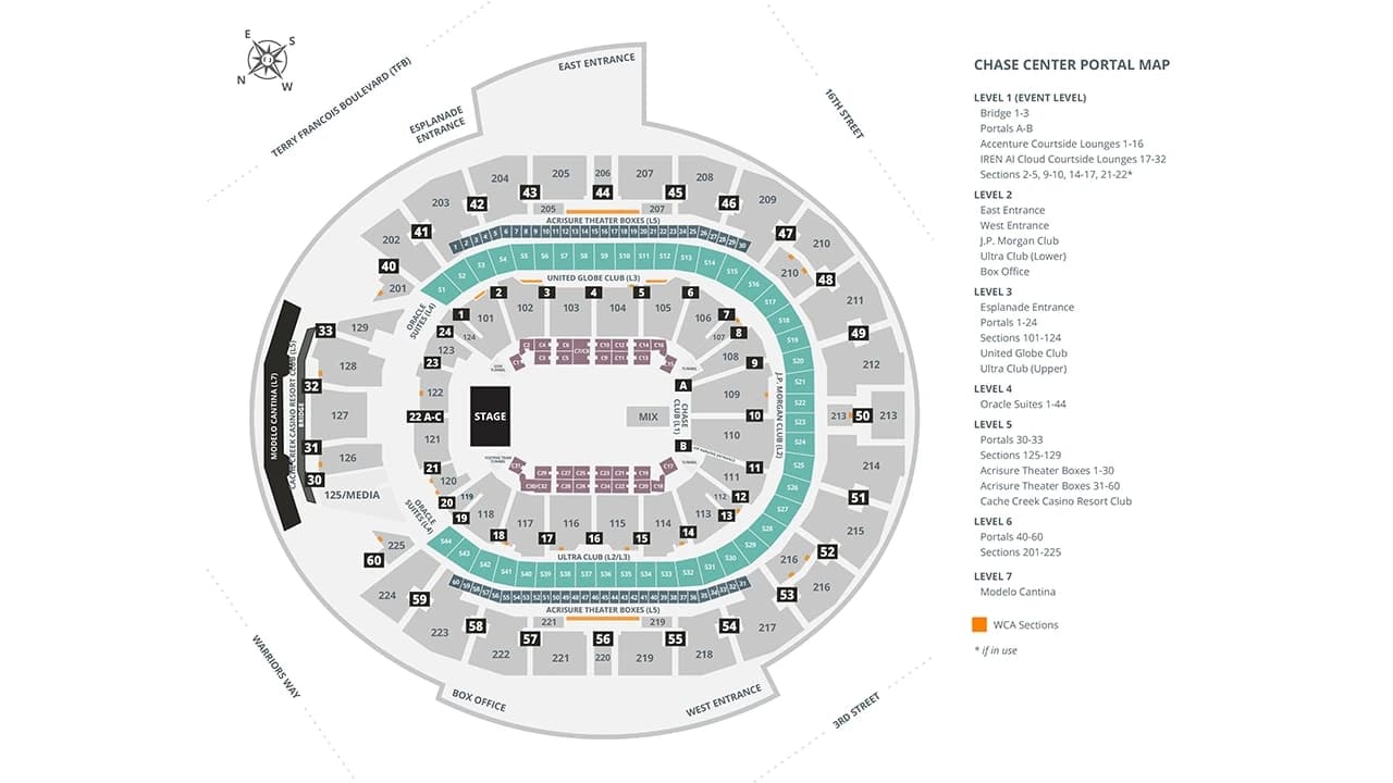Chase Center: Venue layout, Chase Center — end-stage portal and section map. Use the original map for routes and visitor facilities.