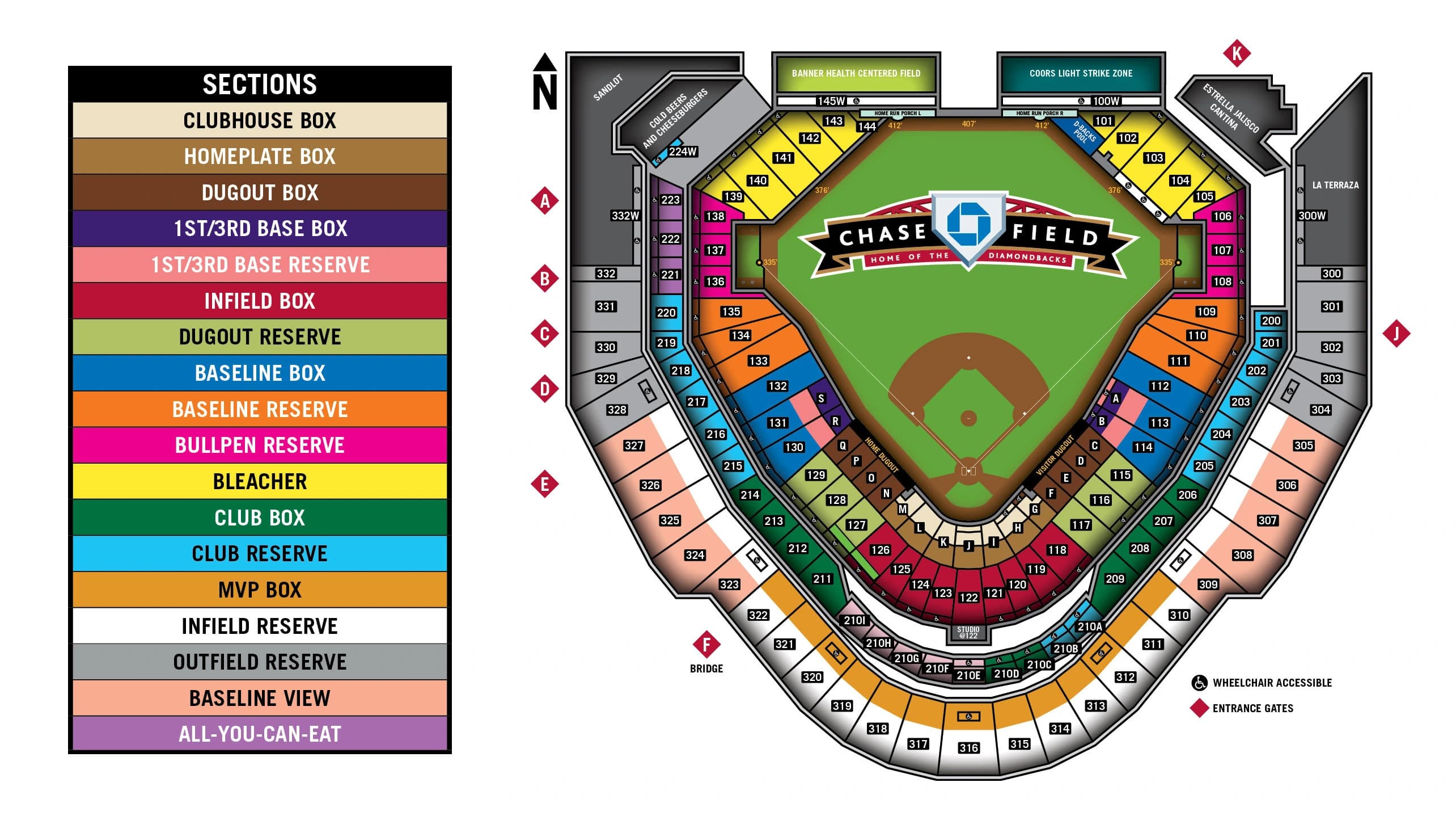 Chase Field: Seating chart, Chase Field — baseball sections and seat categories. Use the source chart for section and row details.