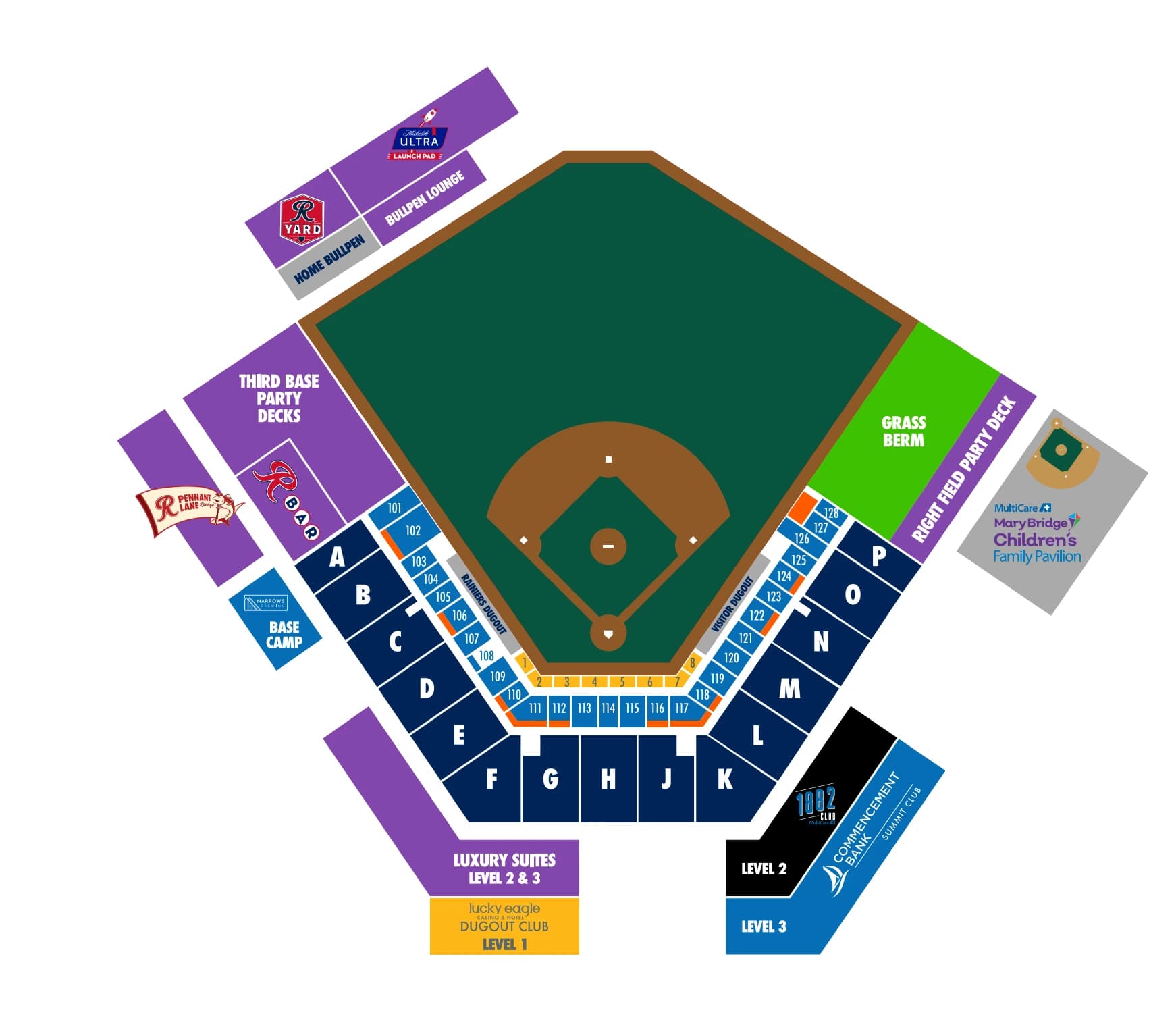 Cheney Stadium: Seating chart, Cheney Stadium — official-linked baseball seating and group areas. Use the source chart for section and row details.
