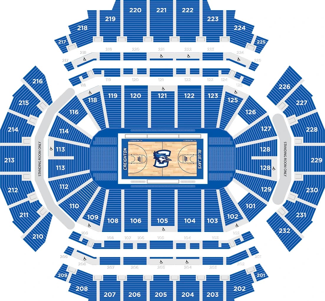 CHI Health Center Omaha: Seating chart, CHI Health Center Omaha — basketball section and row overview. Use the source chart for section and row details.