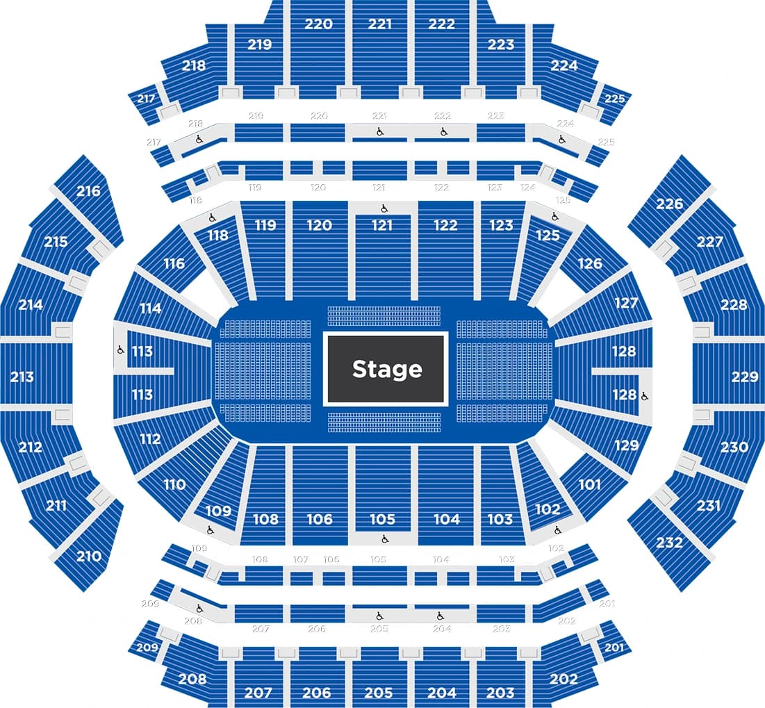 CHI Health Center Omaha: Seating chart, CHI Health Center Omaha — center-stage concert sections. Use the source chart for section and row details.