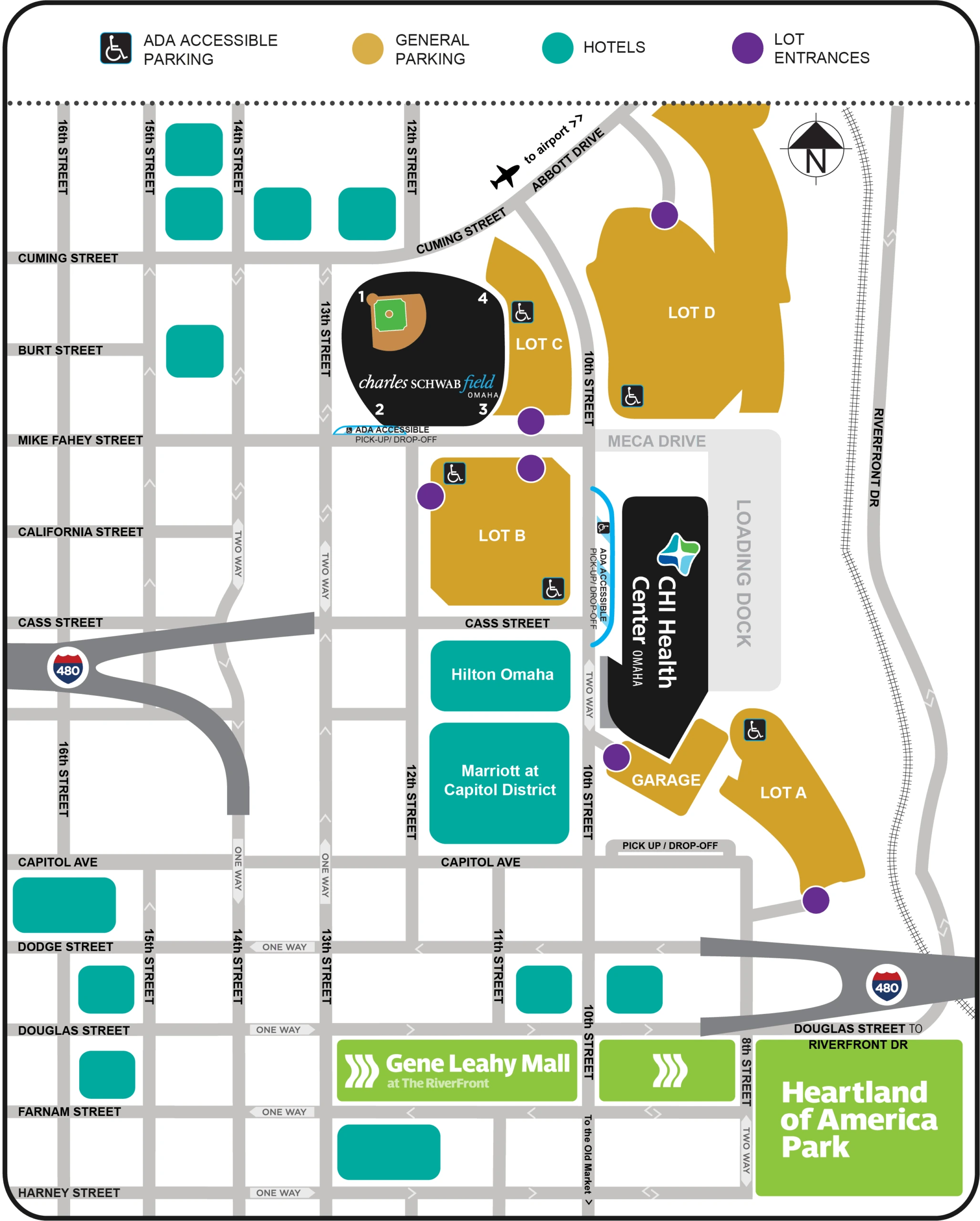 CHI Health Center Omaha: Venue layout, CHI Health Center Omaha — 2025 MECA parking orientation. Use the original map for routes and visitor facilities.