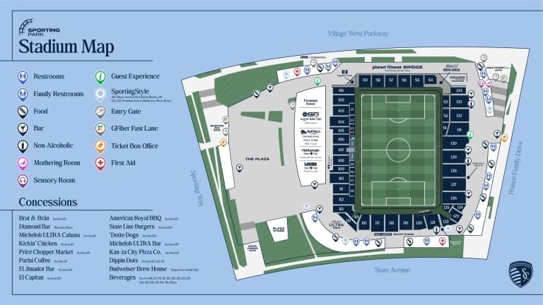 Sporting Park: Venue layout, 2026 Sporting Park — sections and concourse amenities. Use the original map for routes and visitor facilities.