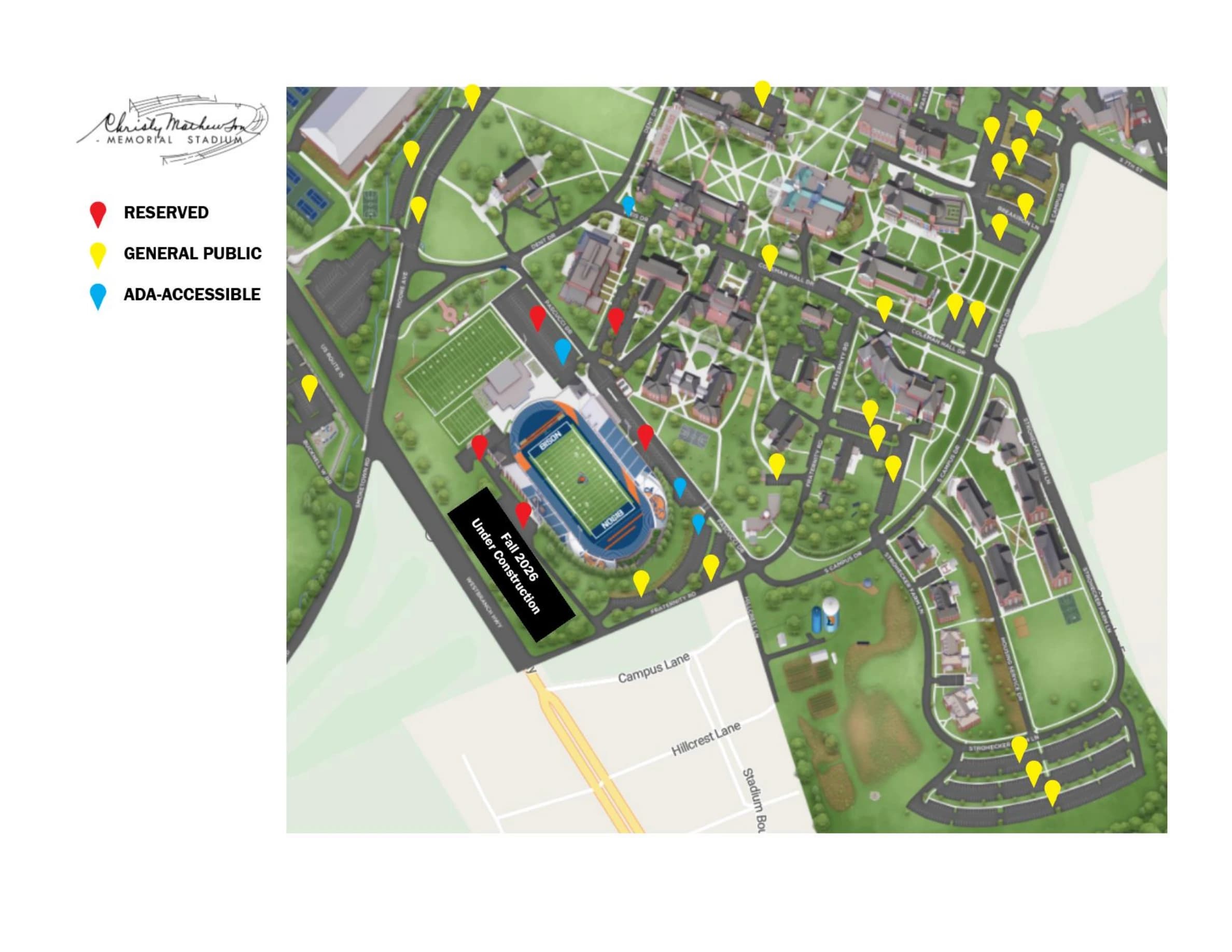Christy Mathewson–Memorial Stadium: Venue layout, Bucknell — official August 2026 football parking and tailgate plan. Use the original map for routes and visitor facilities.