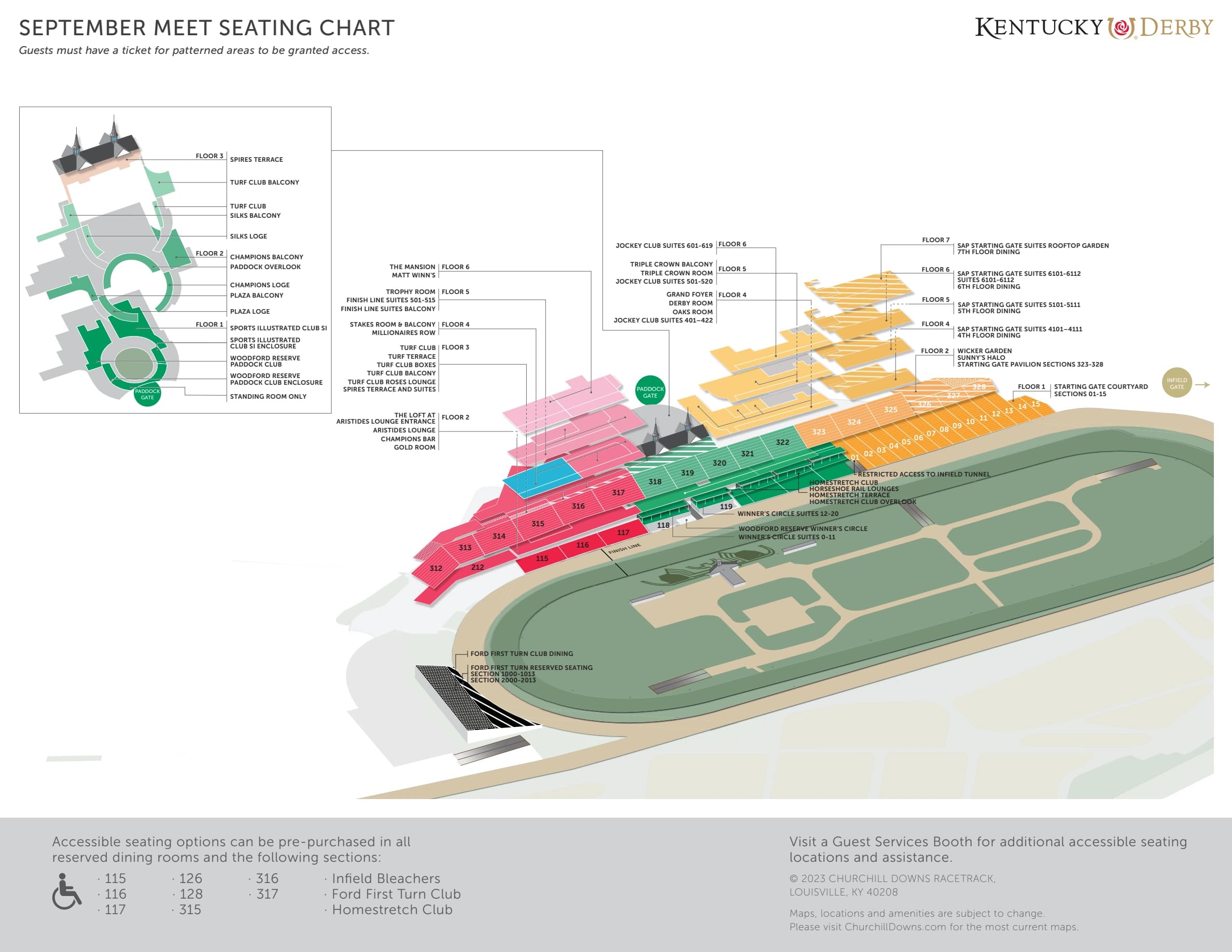 Churchill Downs: Seating chart, Section reference · Churchill Downs September Meet floor-by-floor seating. Use the source chart for section and row details.