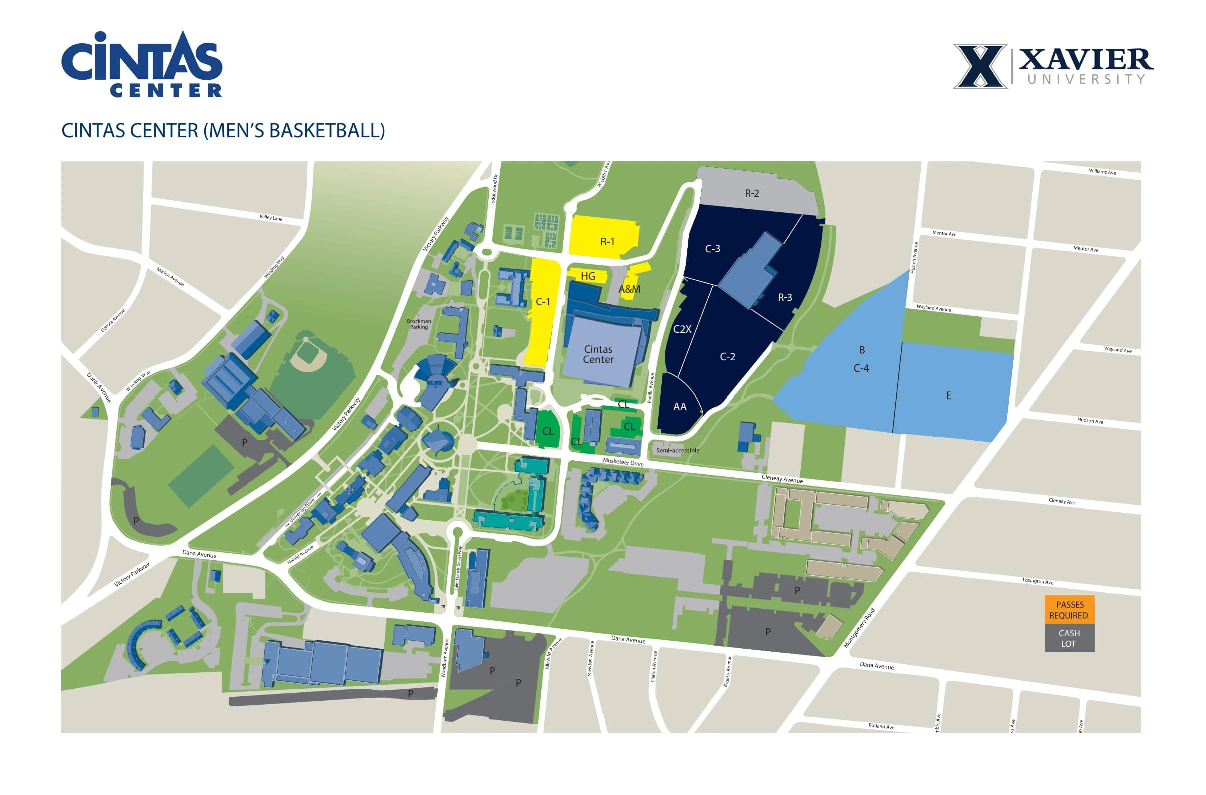 Cintas Center: Venue layout, Cintas Center — basketball parking and permit zones. Use the original map for routes and visitor facilities.