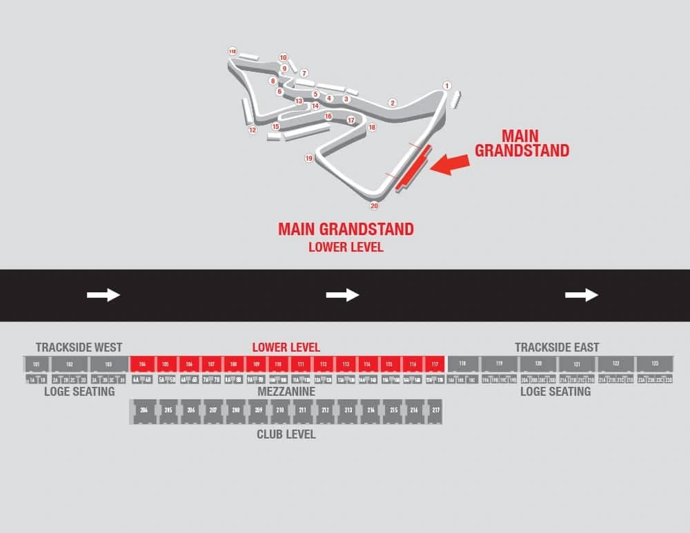 Circuit of the Americas: Seating chart, F1 Main Grandstand — Lower level. Use the source chart for section and row details.