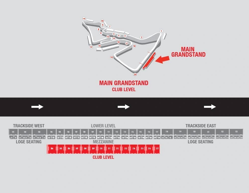 Circuit of the Americas: Seating chart, F1 Main Grandstand — Club level. Use the source chart for section and row details.
