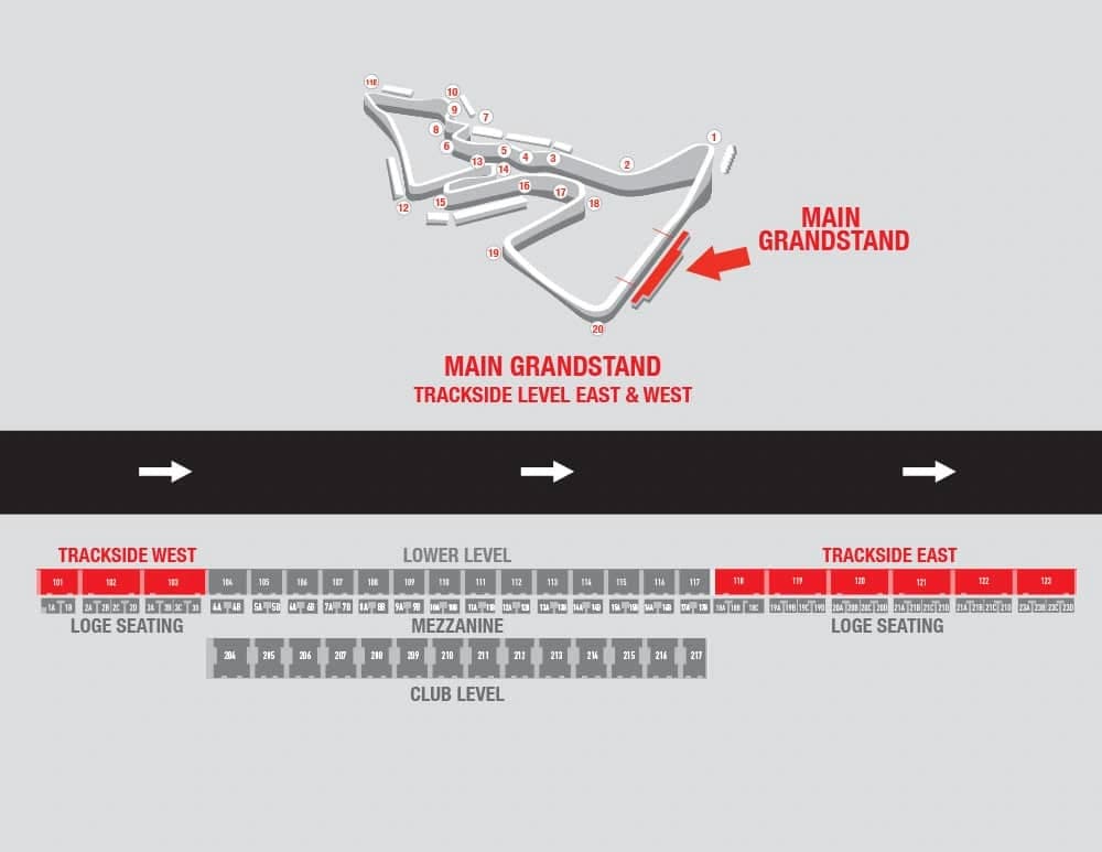Circuit of the Americas: Seating chart, F1 Main Grandstand — Trackside East and West. Use the source chart for section and row details.