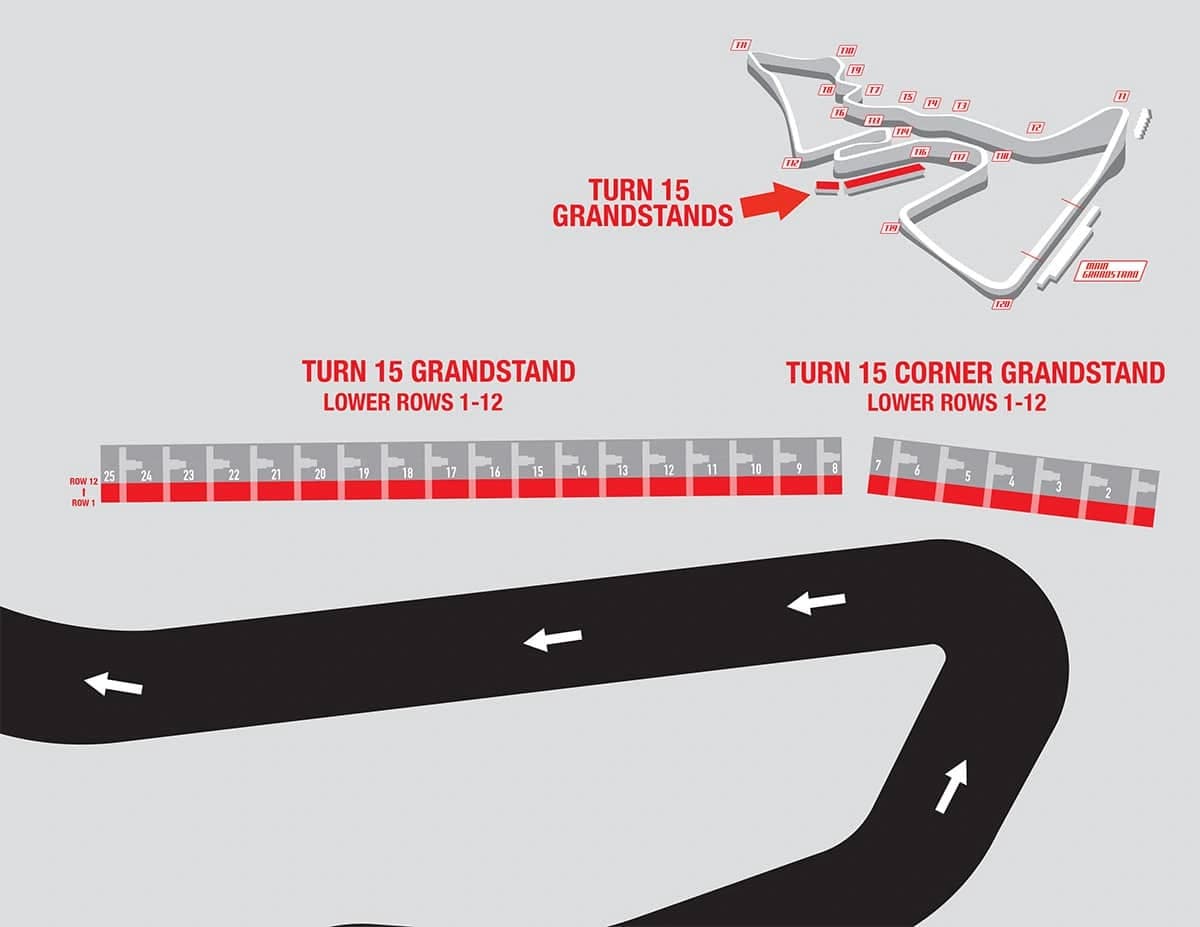 Circuit of the Americas: Seating chart, F1 Turn 15 — Lower rows 1–12. Use the source chart for section and row details.