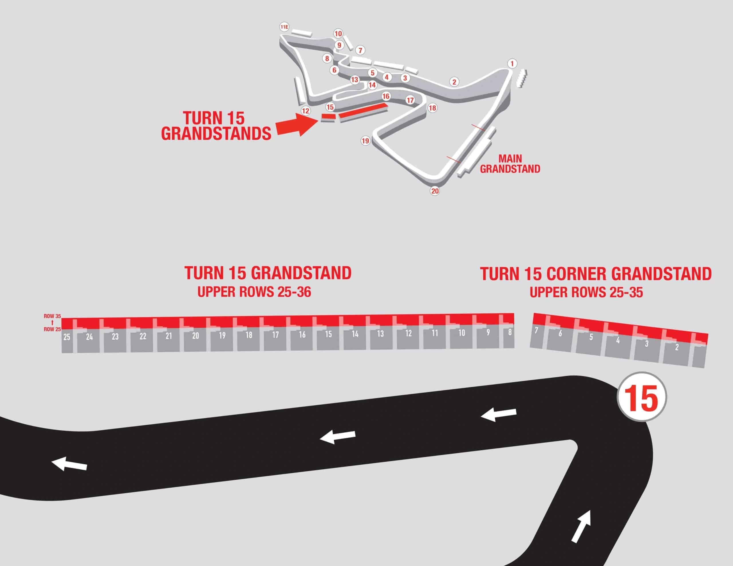 Circuit of the Americas: Seating chart, F1 Turn 15 — Upper rows. Use the source chart for section and row details.