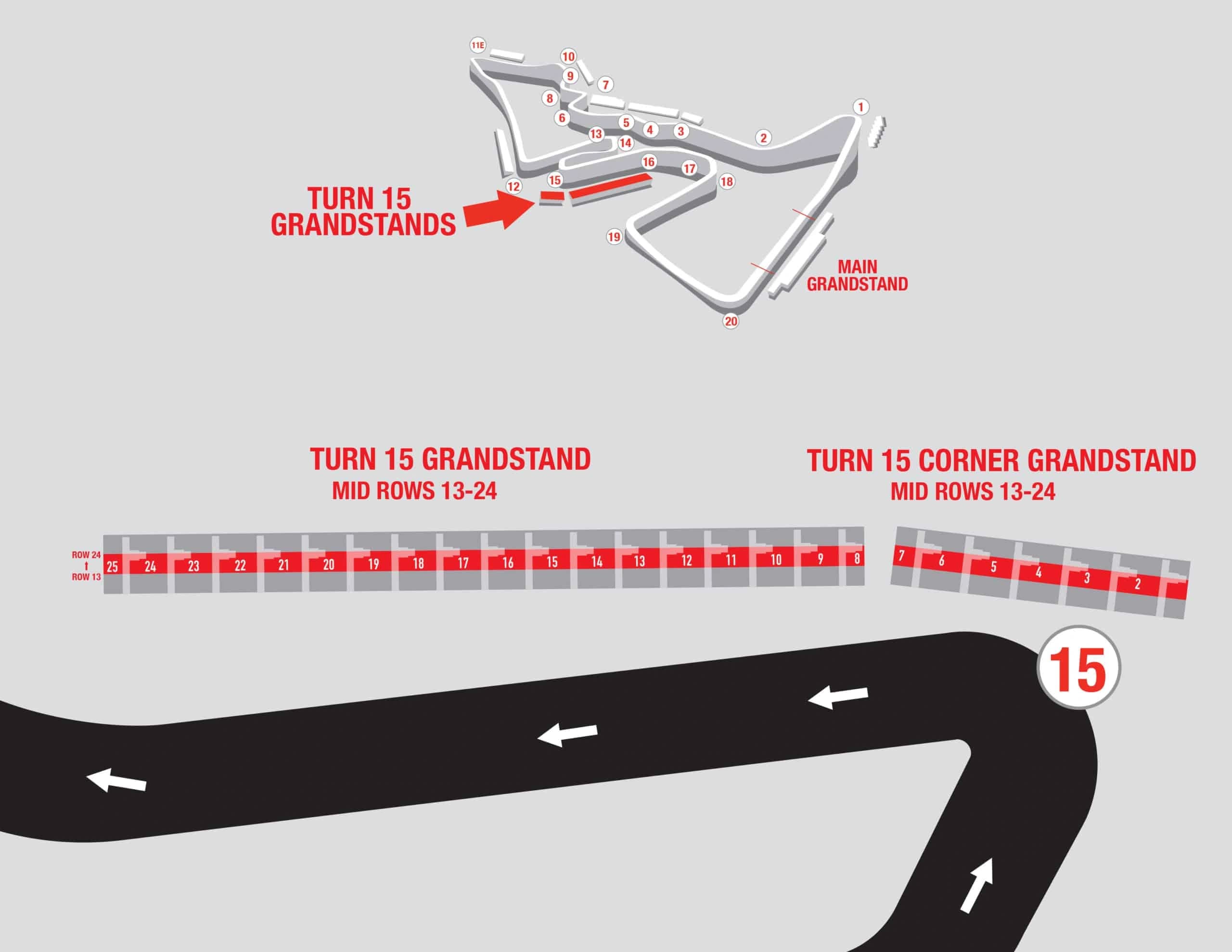 Circuit of the Americas: Seating chart, F1 Turn 15 — Middle rows 13–24. Use the source chart for section and row details.